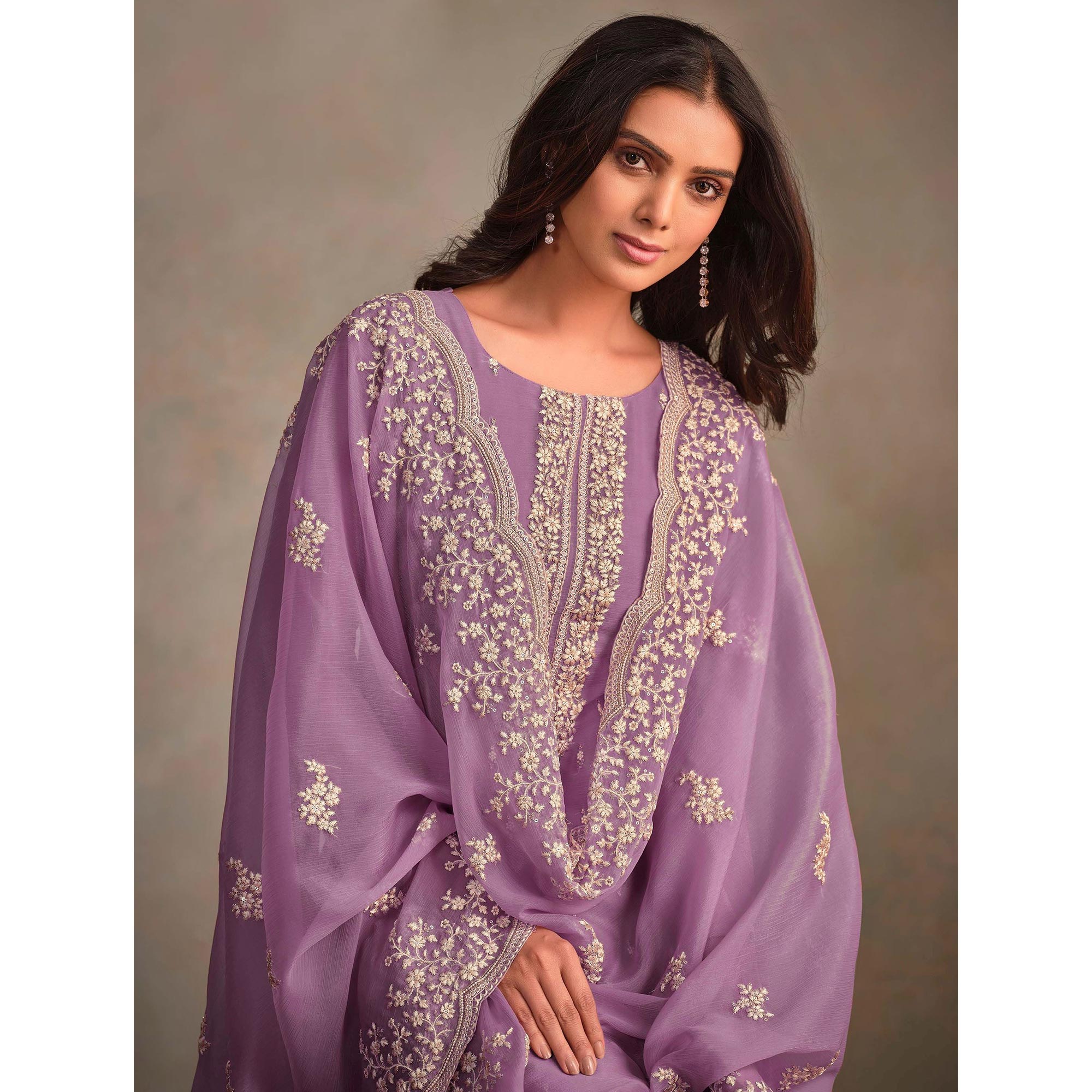 Lavender Floral Sequins Embroidered Organza Semi Stitched Salwar Suit