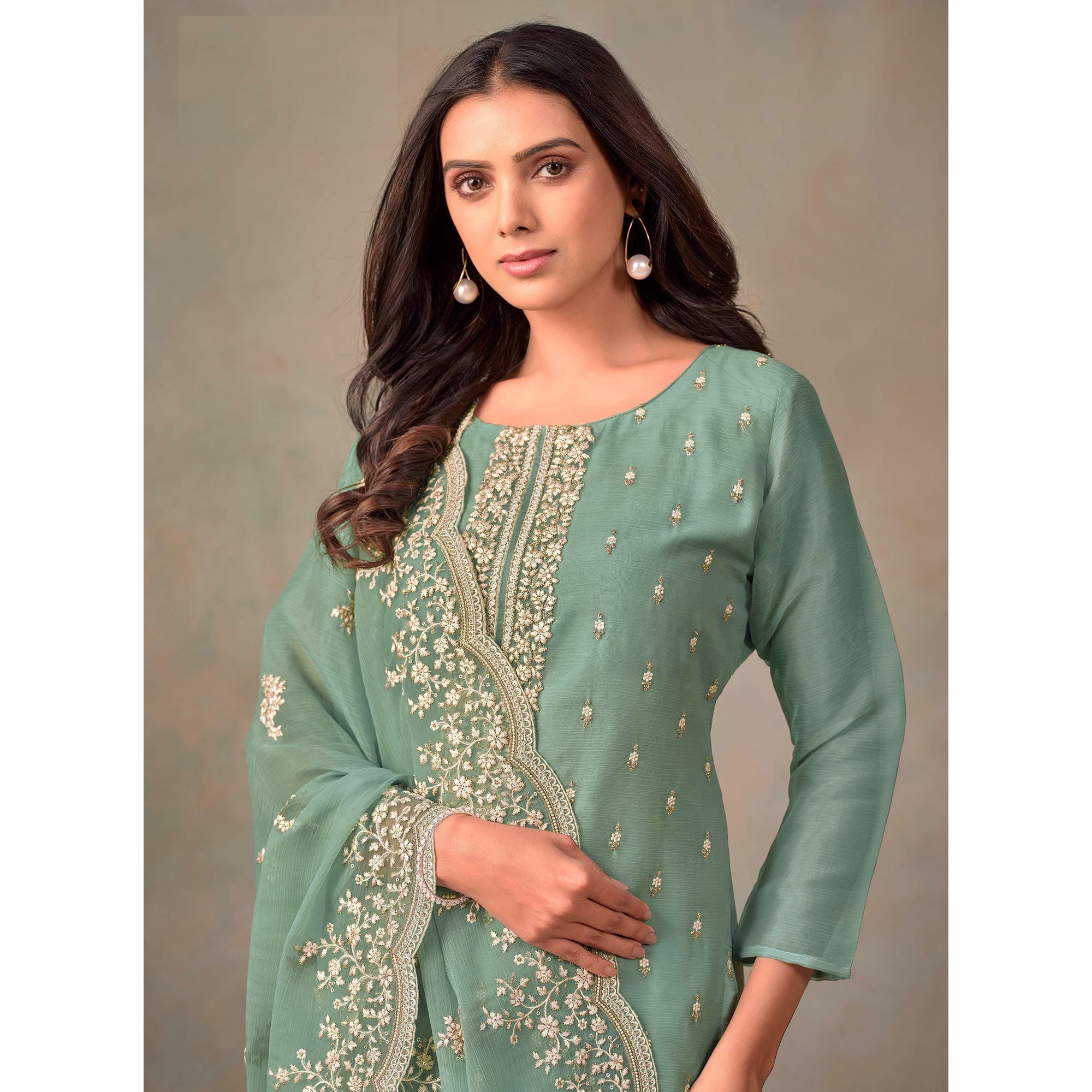 Green Floral Sequins Embroidered Organza Semi Stitched Salwar Suit