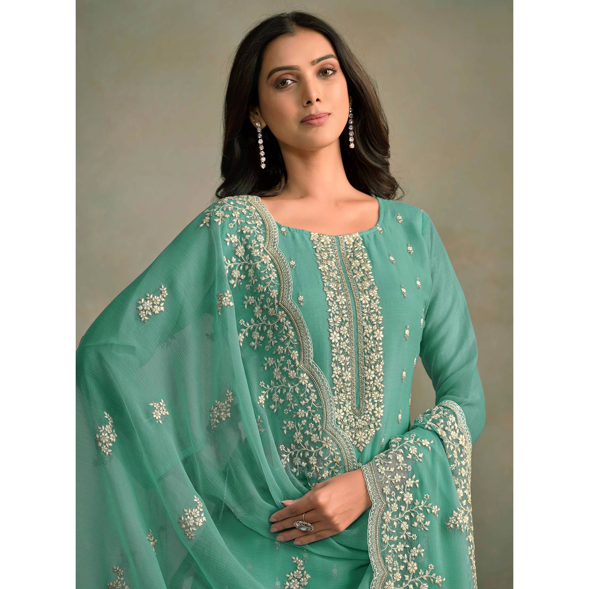 Turquoise Floral Sequins Embroidered Organza Semi Stitched Salwar Suit