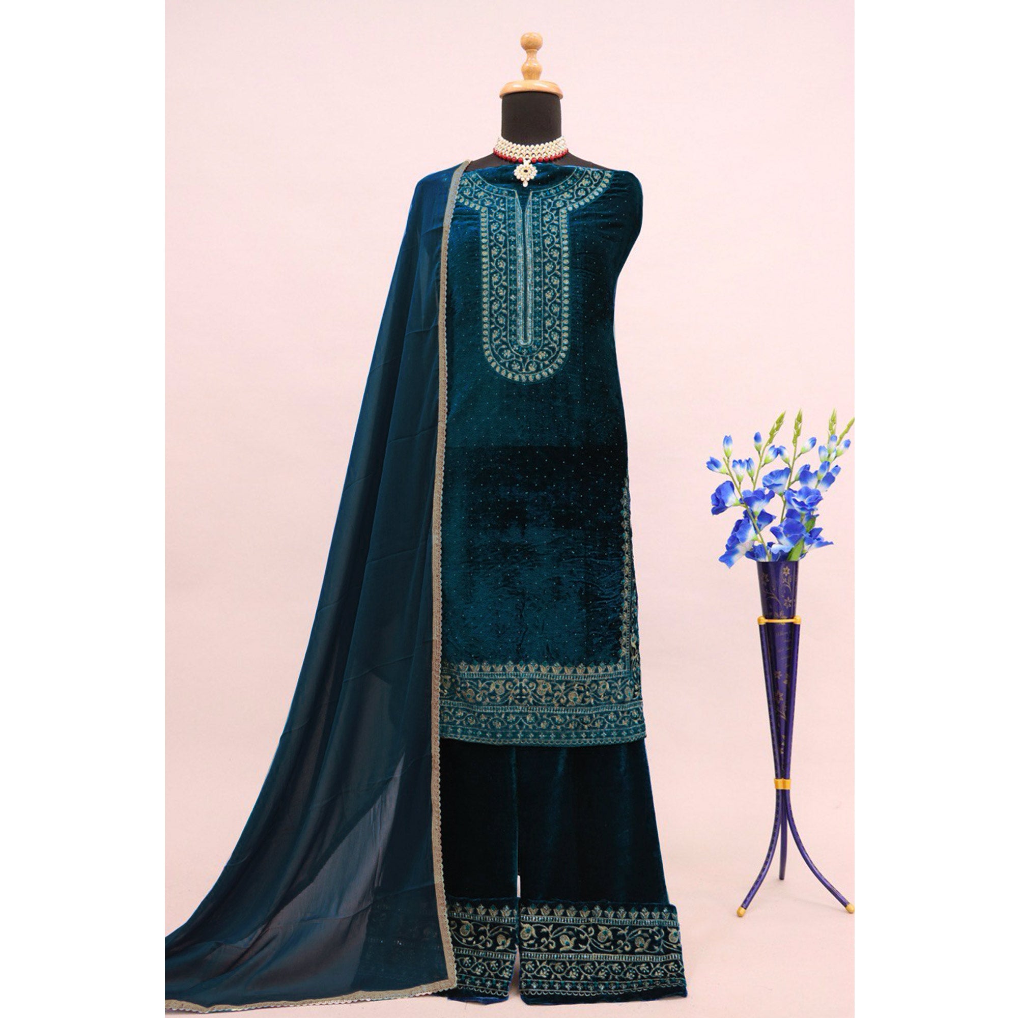 Teal Embroidered Velvet Semi Stitched Salwar Suit
