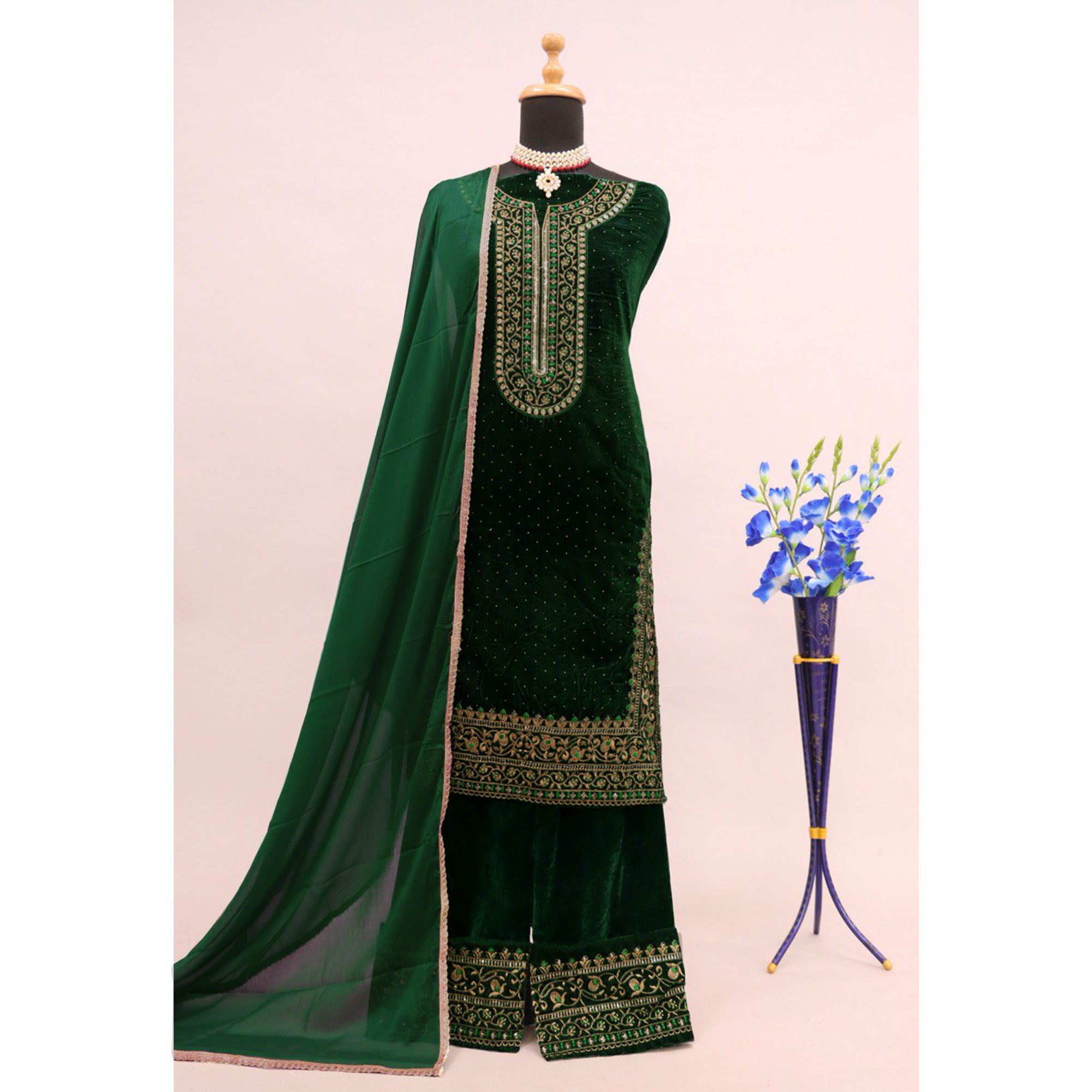 Green Embroidered Velvet Semi Stitched Salwar Suit