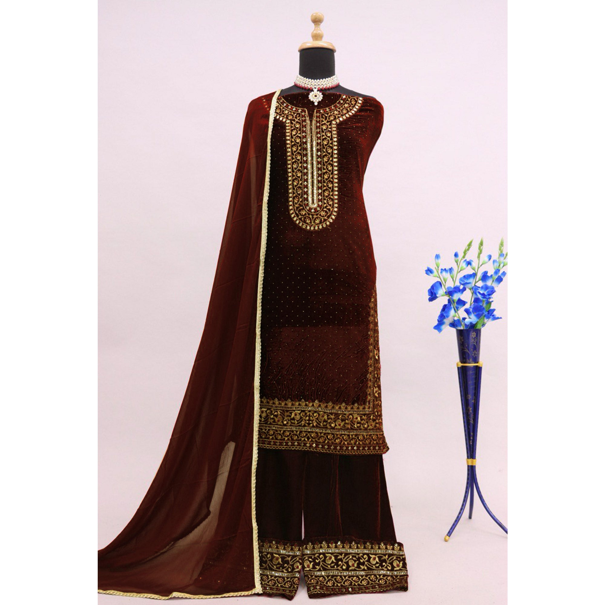 Brown Embroidered Velvet Semi Stitched Salwar Suit