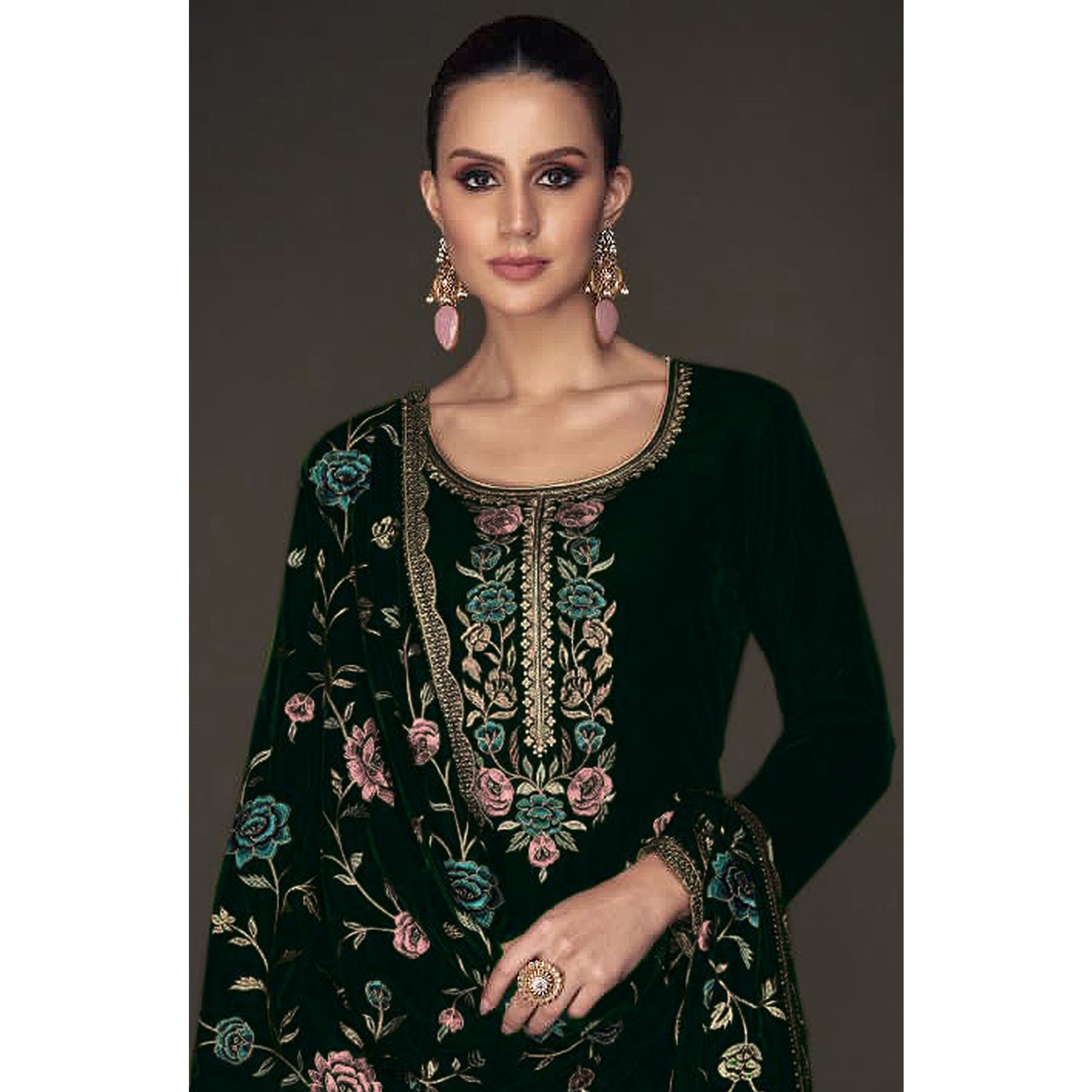 Green Floral Embroidered Velvet Semi Stitched Suit