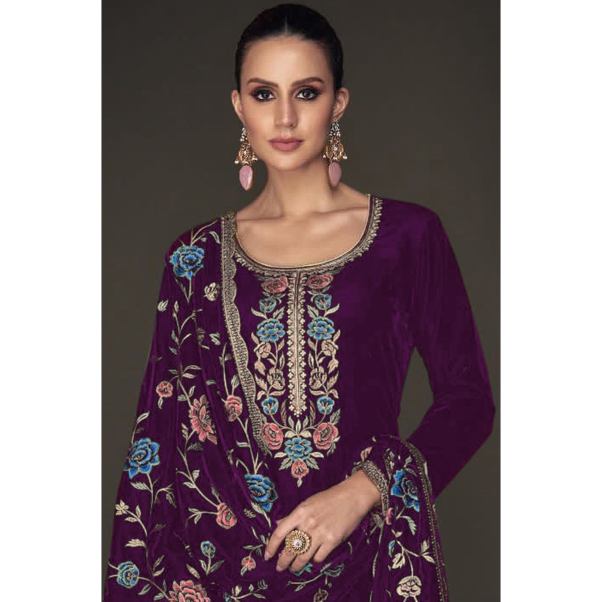 Purple Floral Embroidered Velvet Semi Stitched Suit