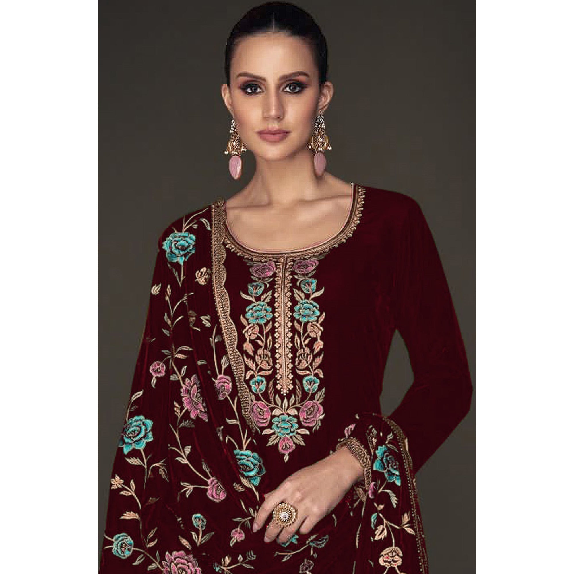 Maroon Floral Embroidered Velvet Semi Stitched Suit