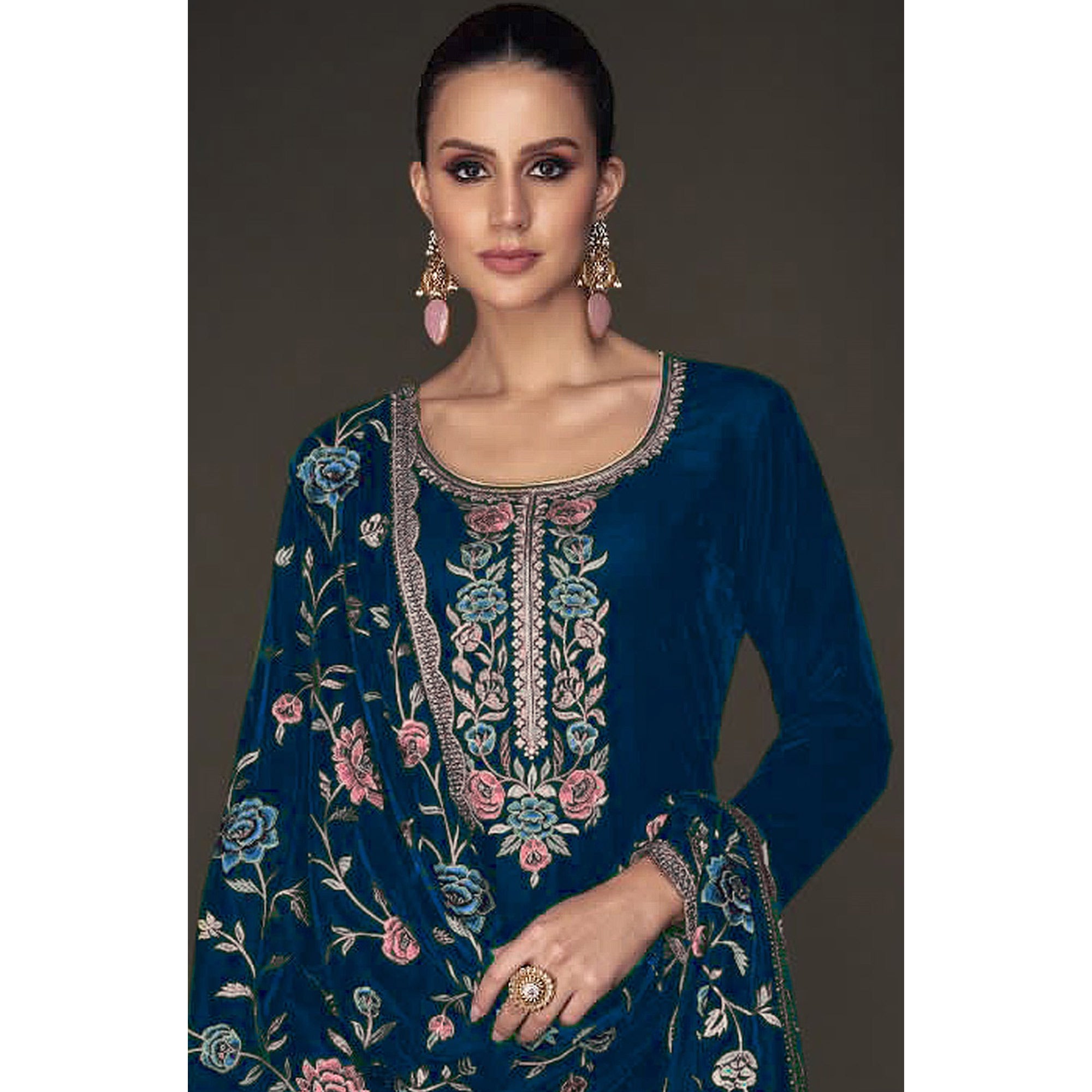 Morpich Floral Embroidered Velvet Semi Stitched Suit