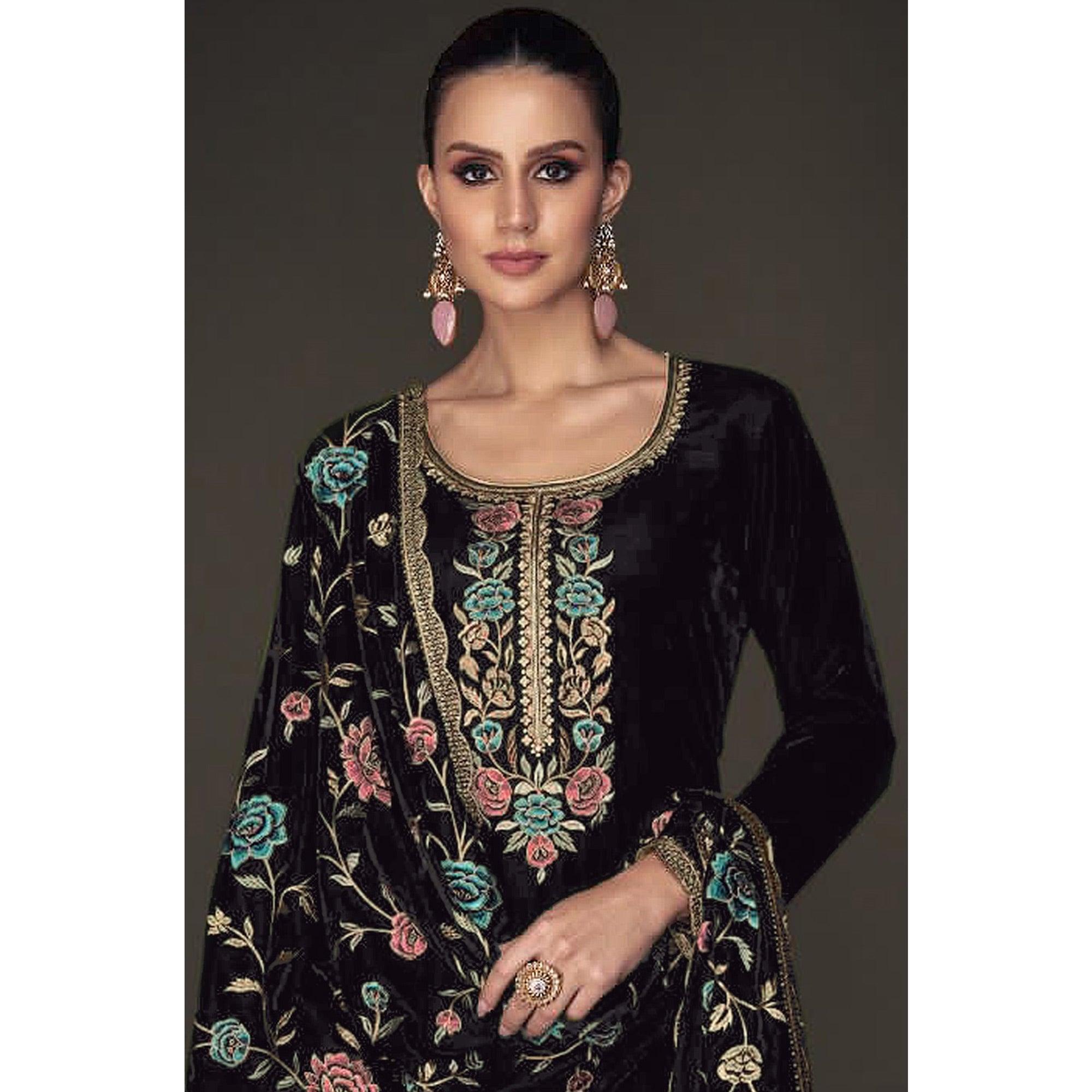 Black Floral Embroidered Velvet Semi Stitched Suit
