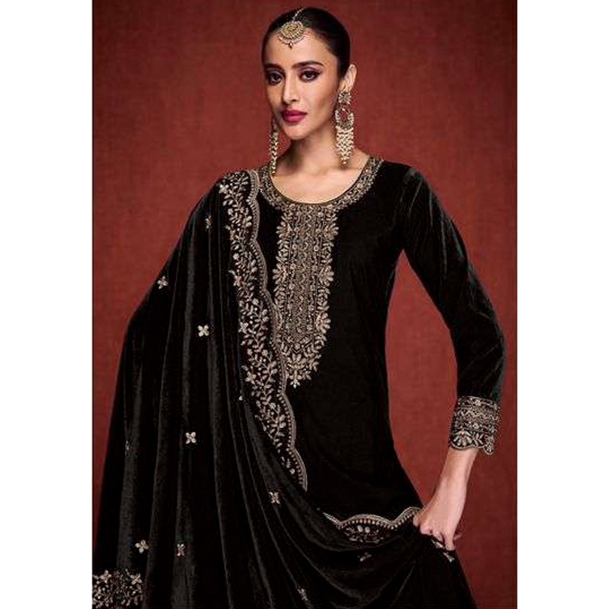 Black Floral Embroidered Velvet Semi Stitched Suit
