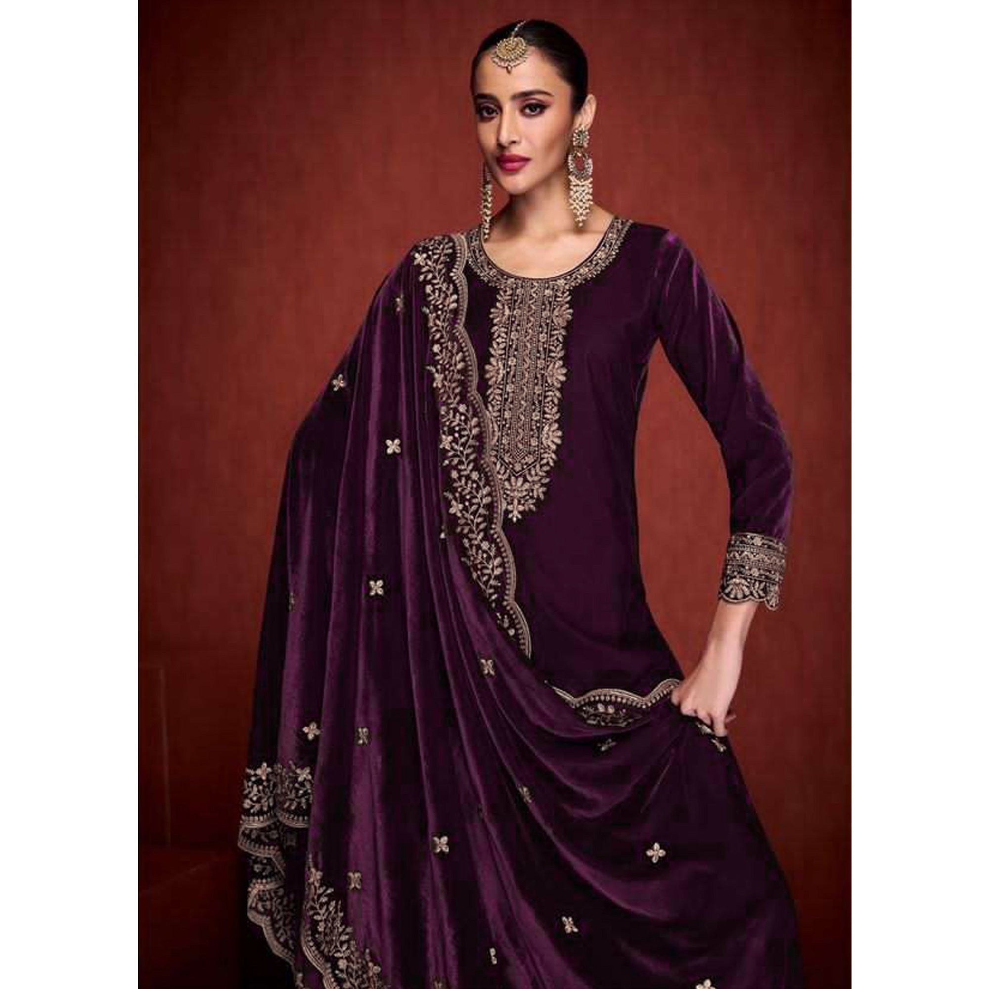 Purple Floral Embroidered Velvet Semi Stitched Suit