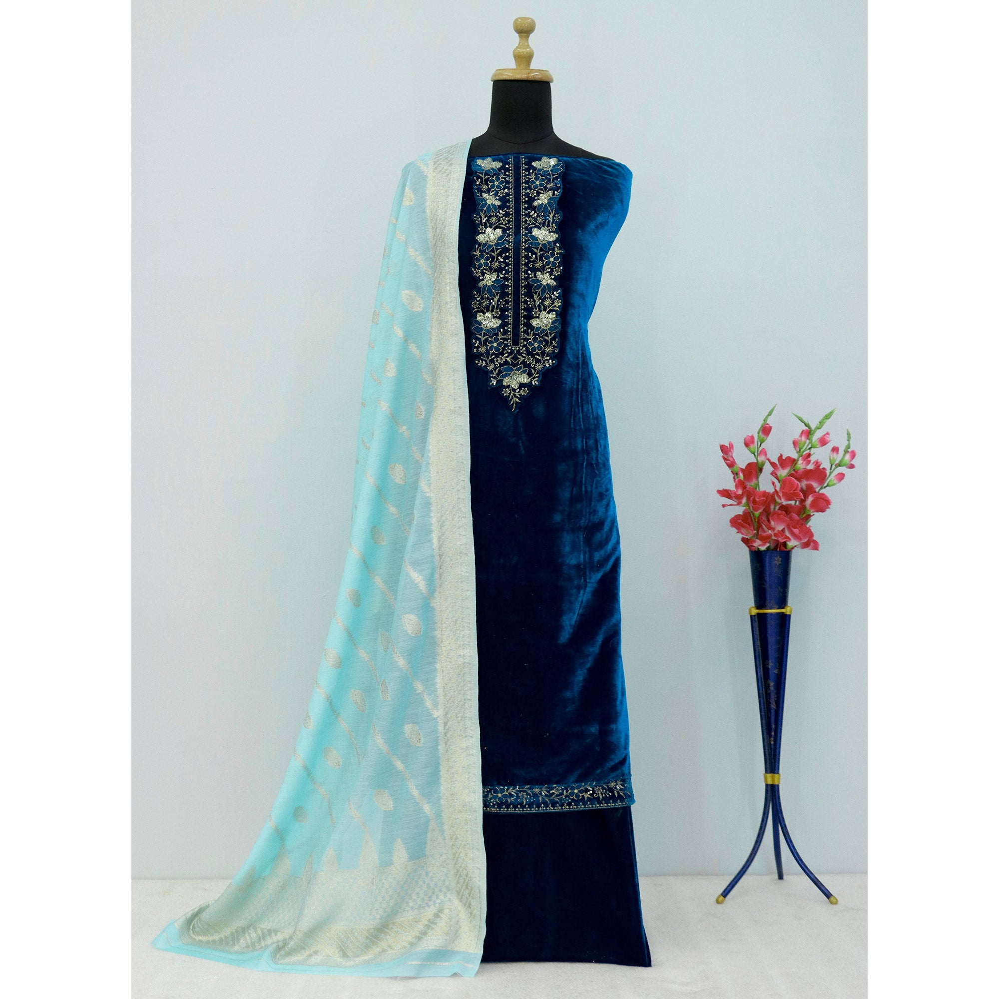 Teal Embroidered Velvet Semi-Stitched Salwar Suit