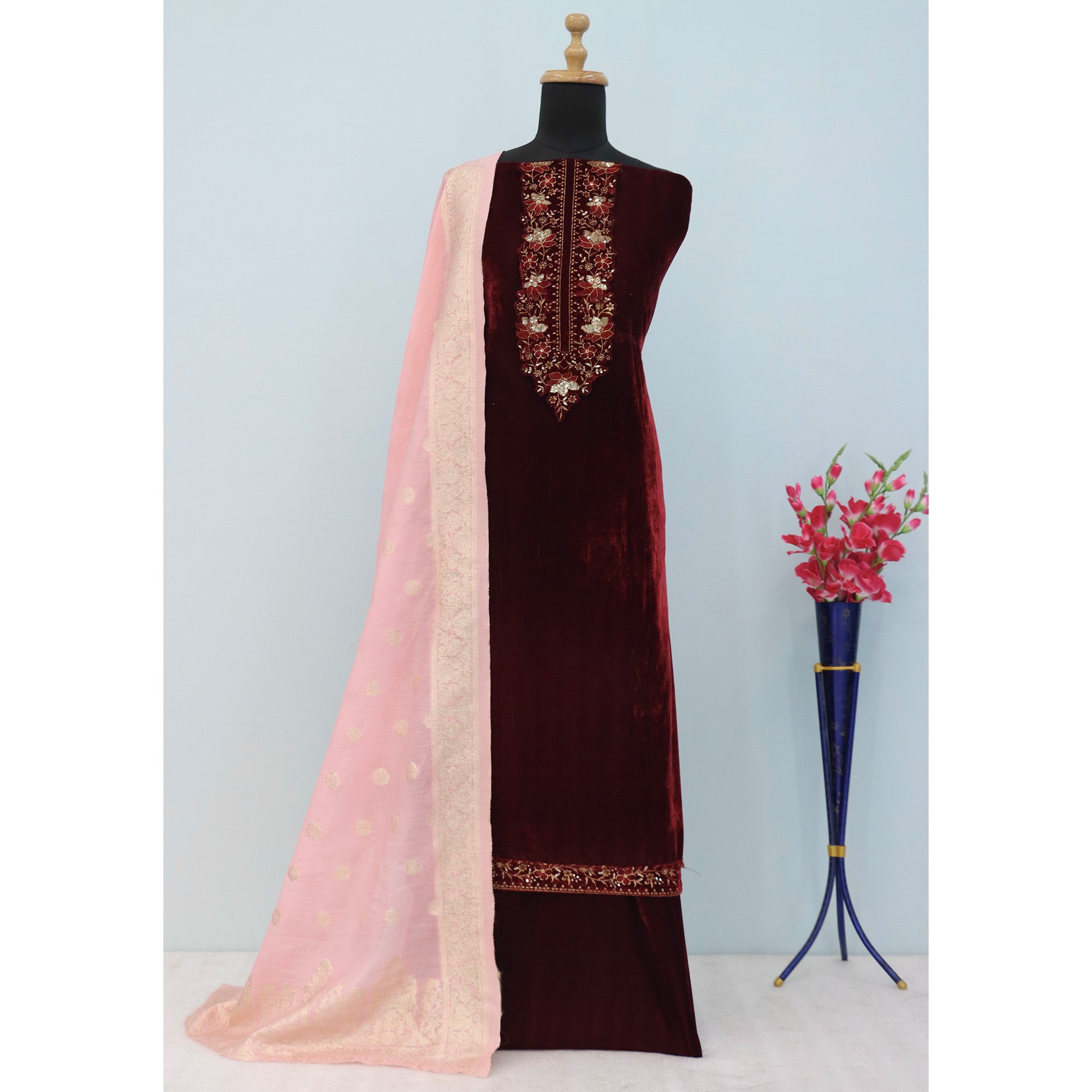 Brown Embroidered Velvet Semi-Stitched Salwar Suit