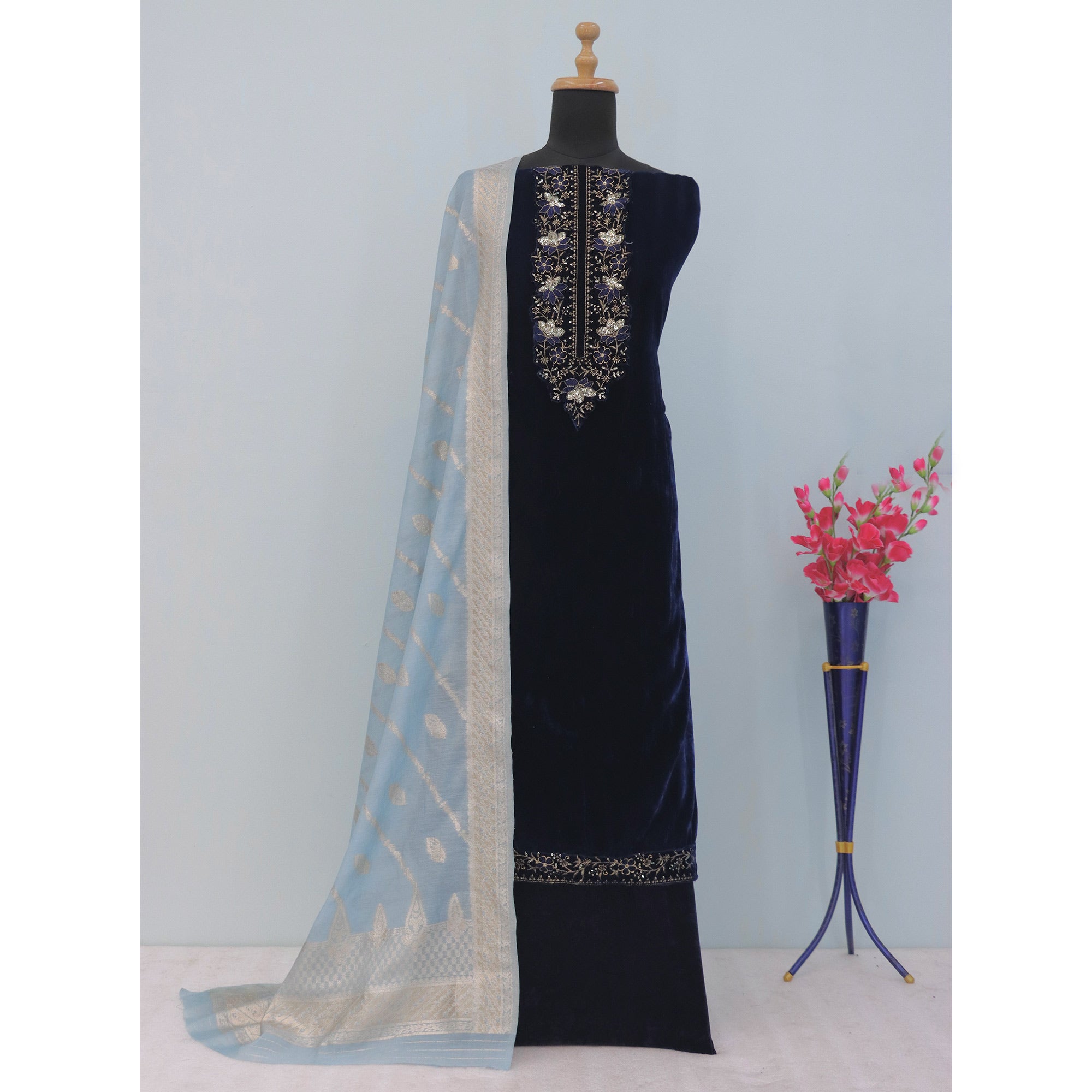 Navy Blue Embroidered Velvet Semi-Stitched Salwar Suit