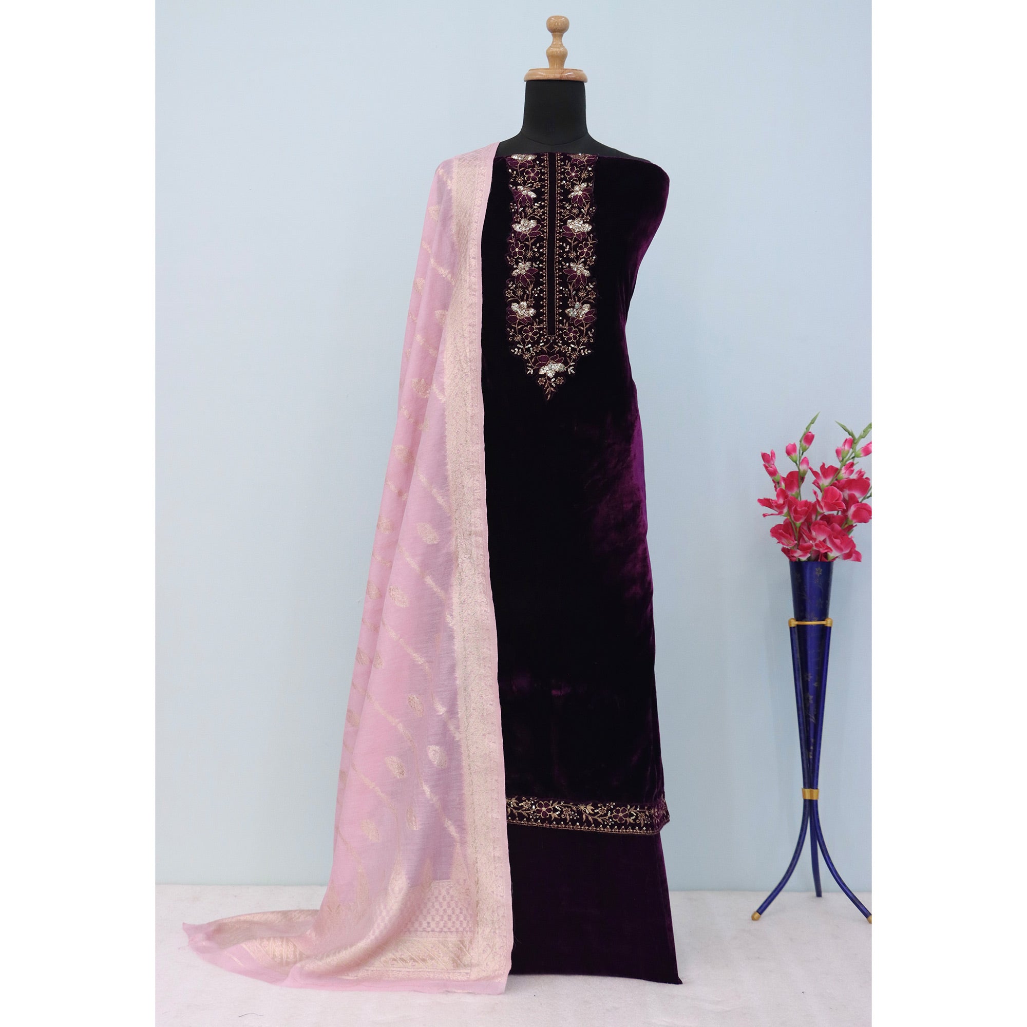 Purple Embroidered Velvet Semi-Stitched Salwar Suit