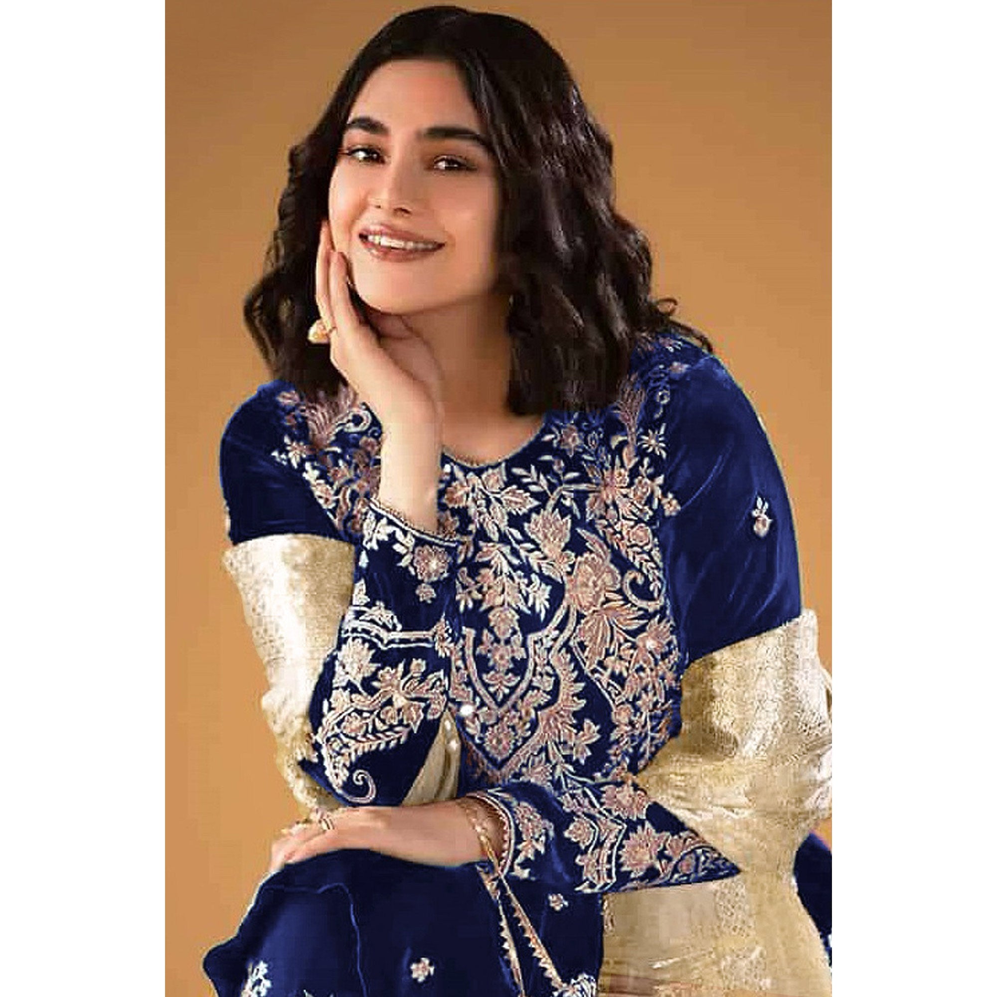 Blue Floral Embroidered Velvet Semi Stitched Suit