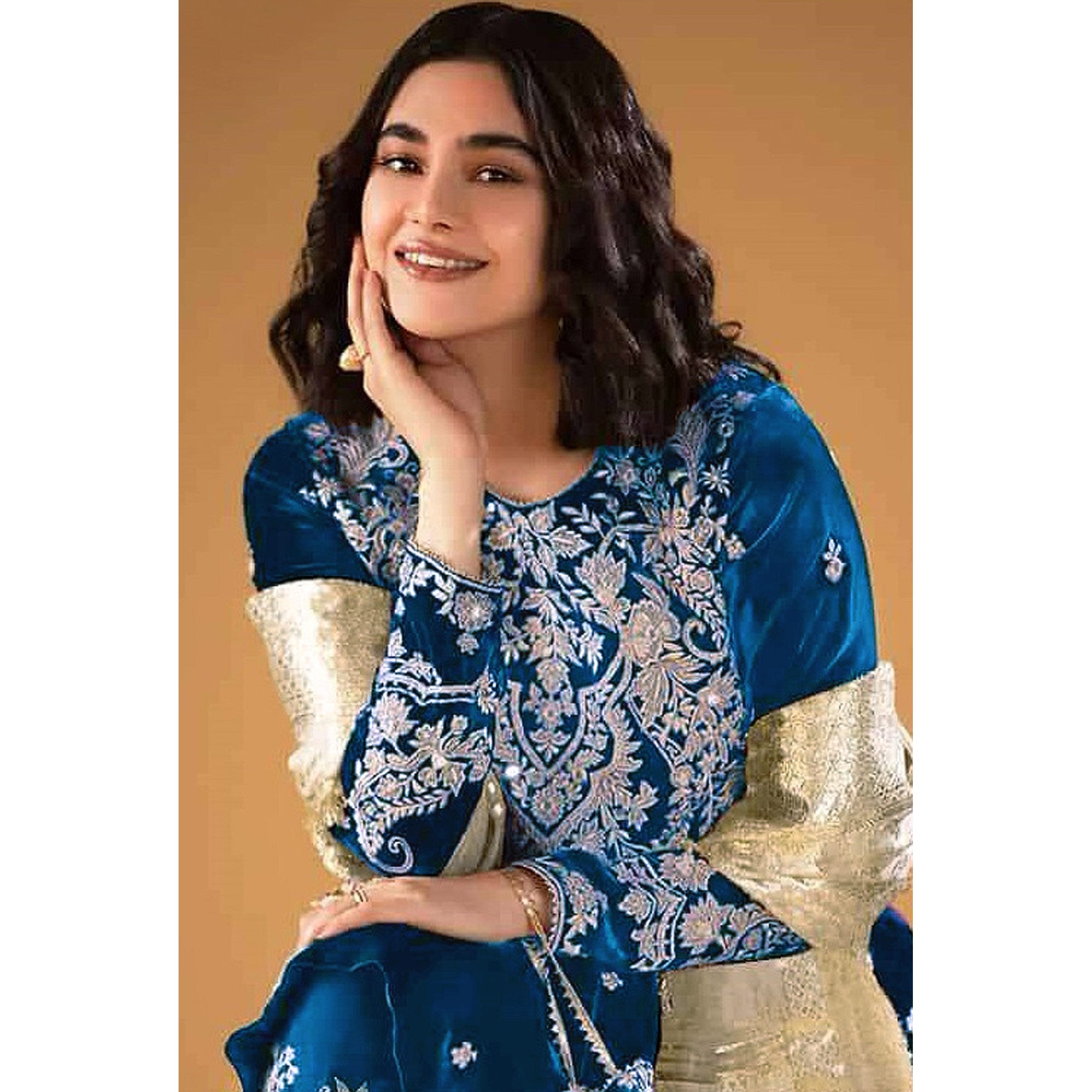 Morpich Floral Embroidered Velvet Semi Stitched Suit