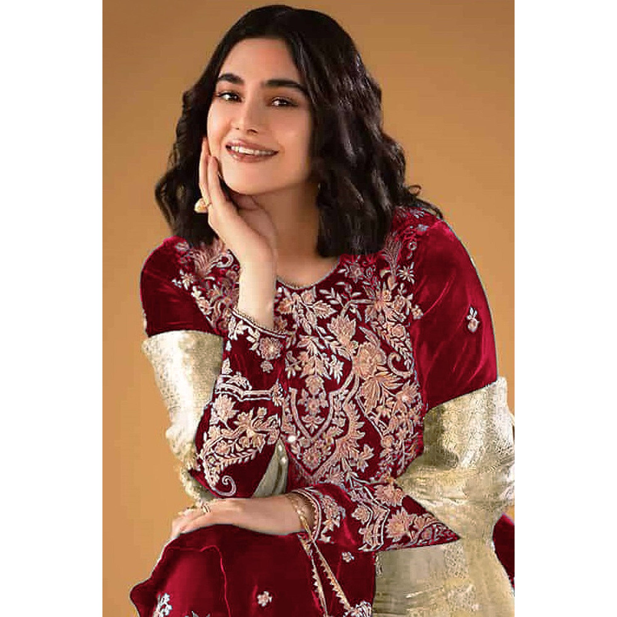 Maroon Floral Embroidered Velvet Semi Stitched Suit
