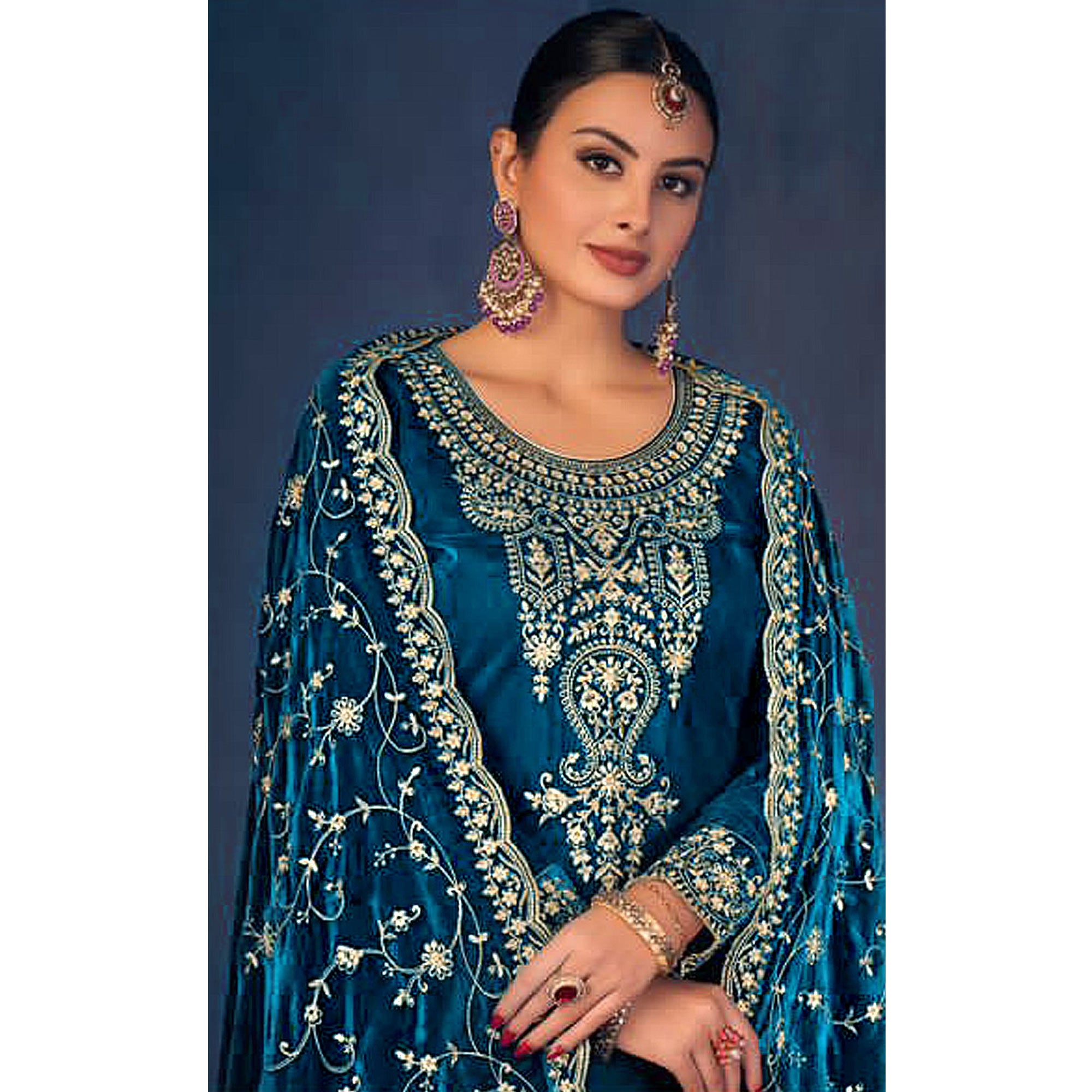 Morpich Floral Sequins Embroidered Velvet Semi Stitched Suit