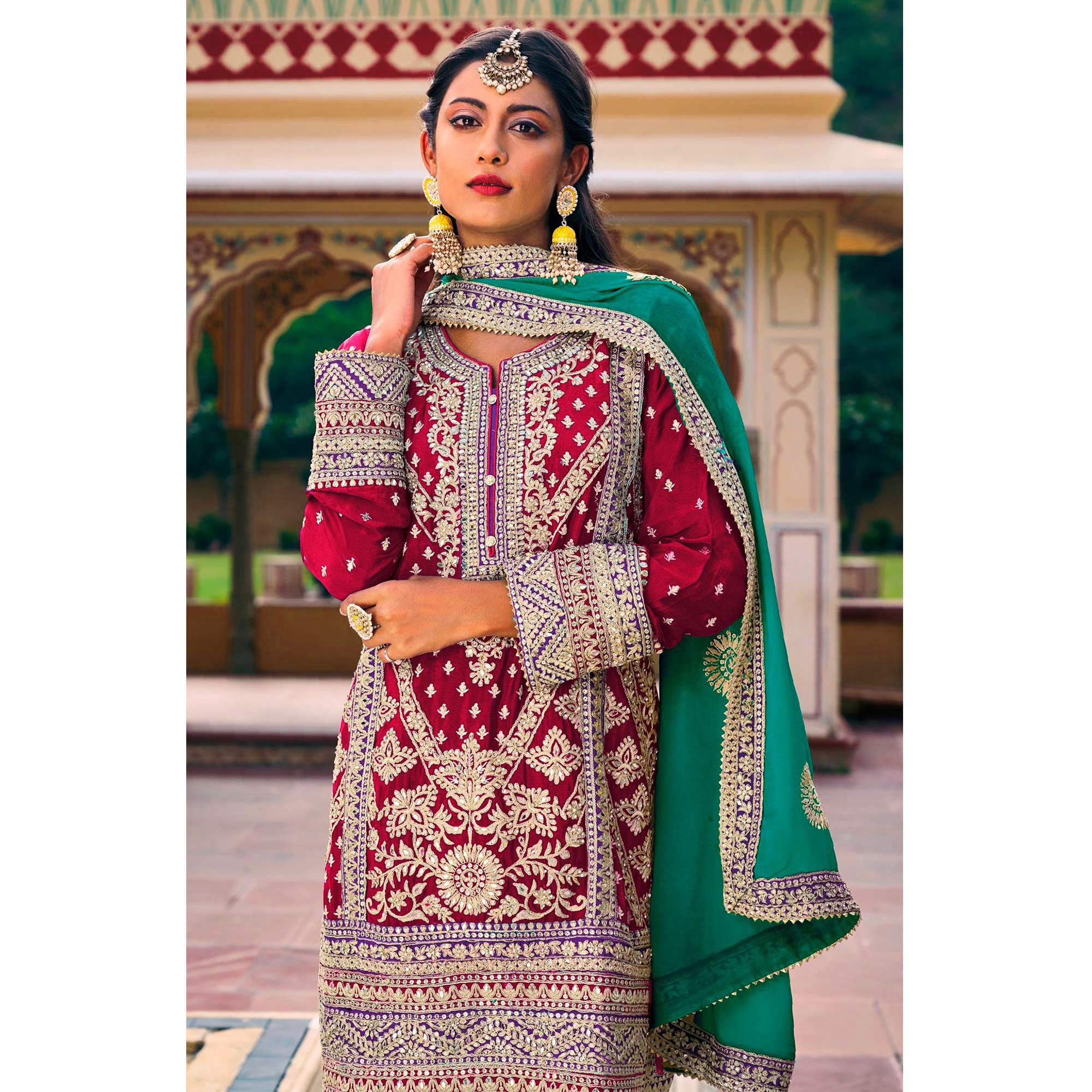 Pink & Purple Sequins Embroidered Chinon Semi Stitched Salwar Suit