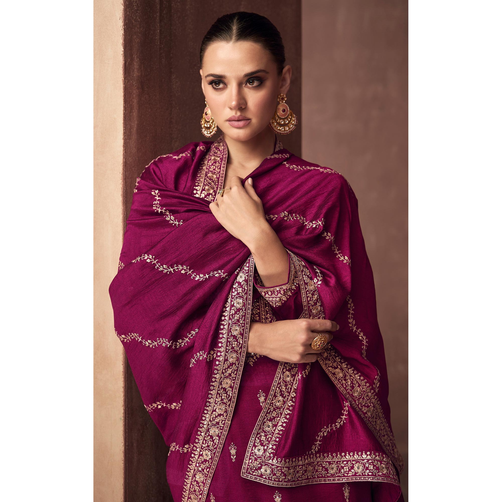Rani Pink Floral Embroidered Art Silk Semi Stitched Suit