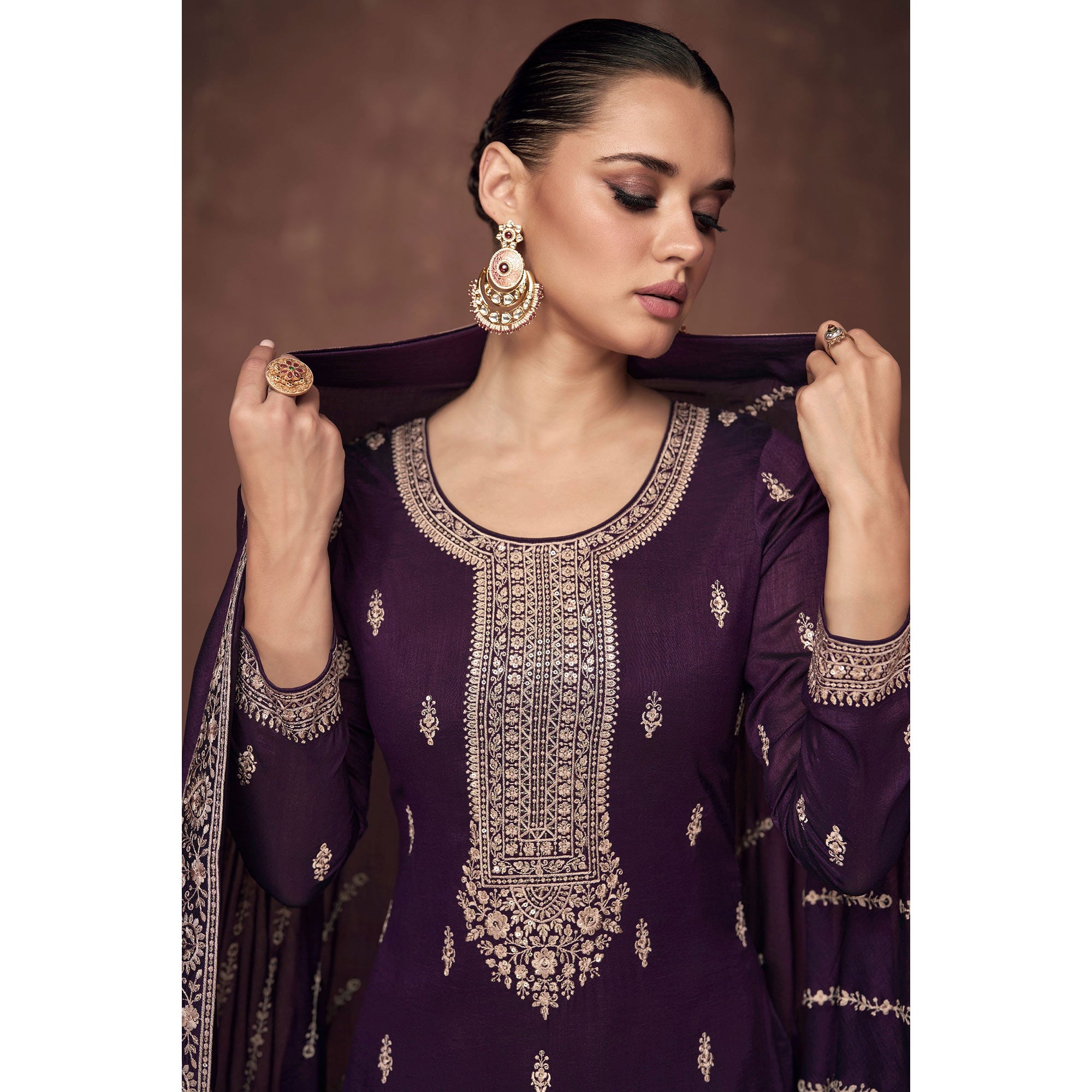 Purple Floral Embroidered Art Silk Semi Stitched Suit 0808