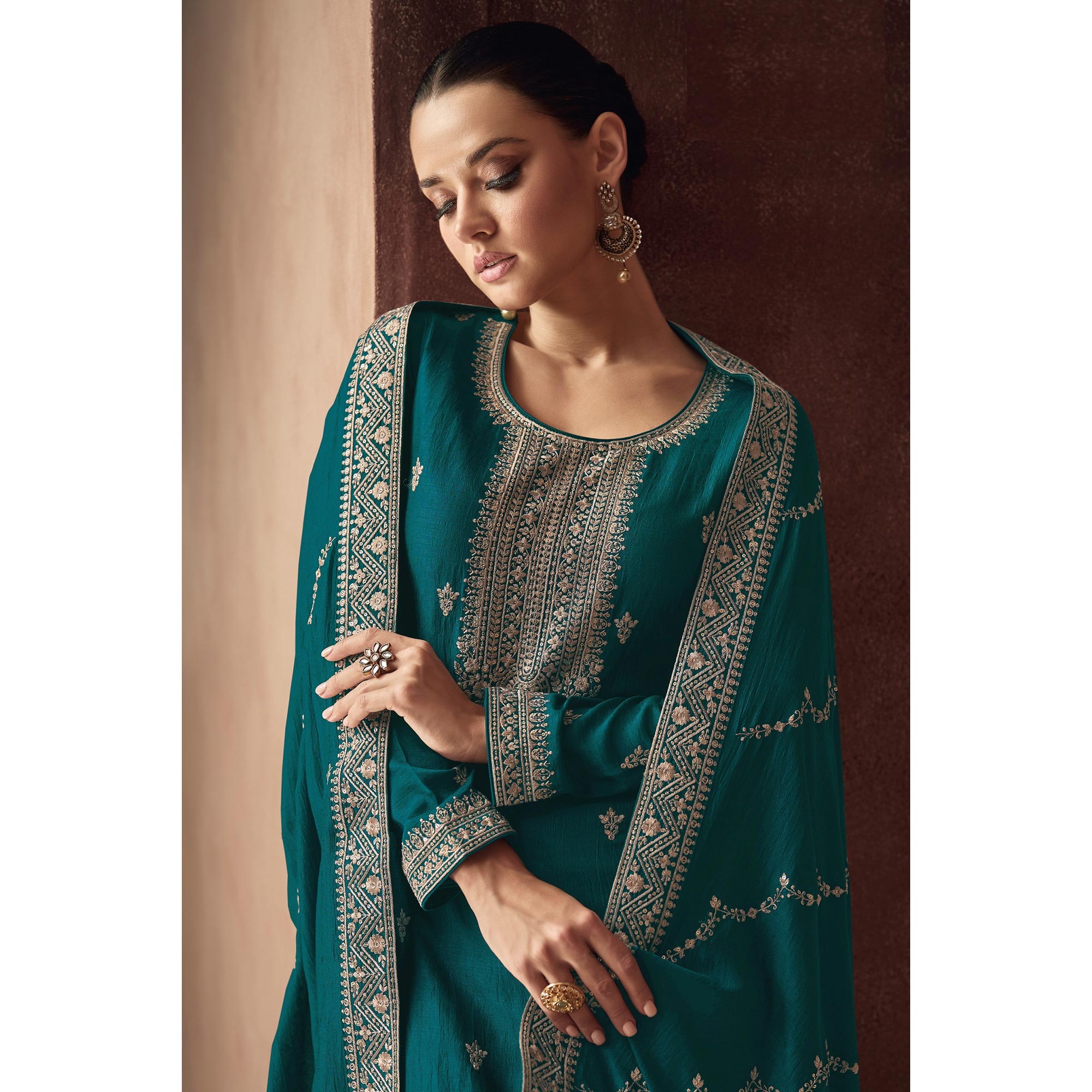 Rama Blue Floral Embroidered Art Silk Semi Stitched Suit