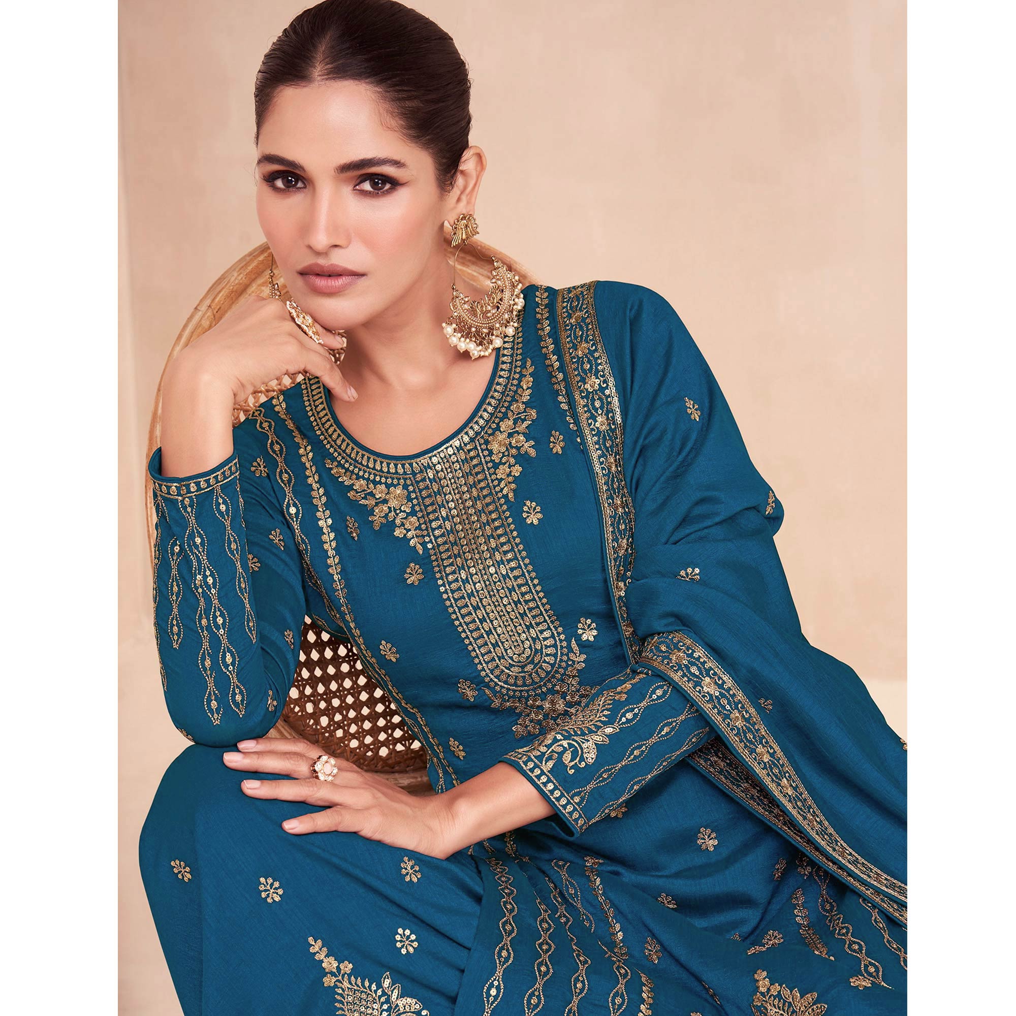 Teal Floral Embroidered Art Silk Semi Stitched Palazzo Suit