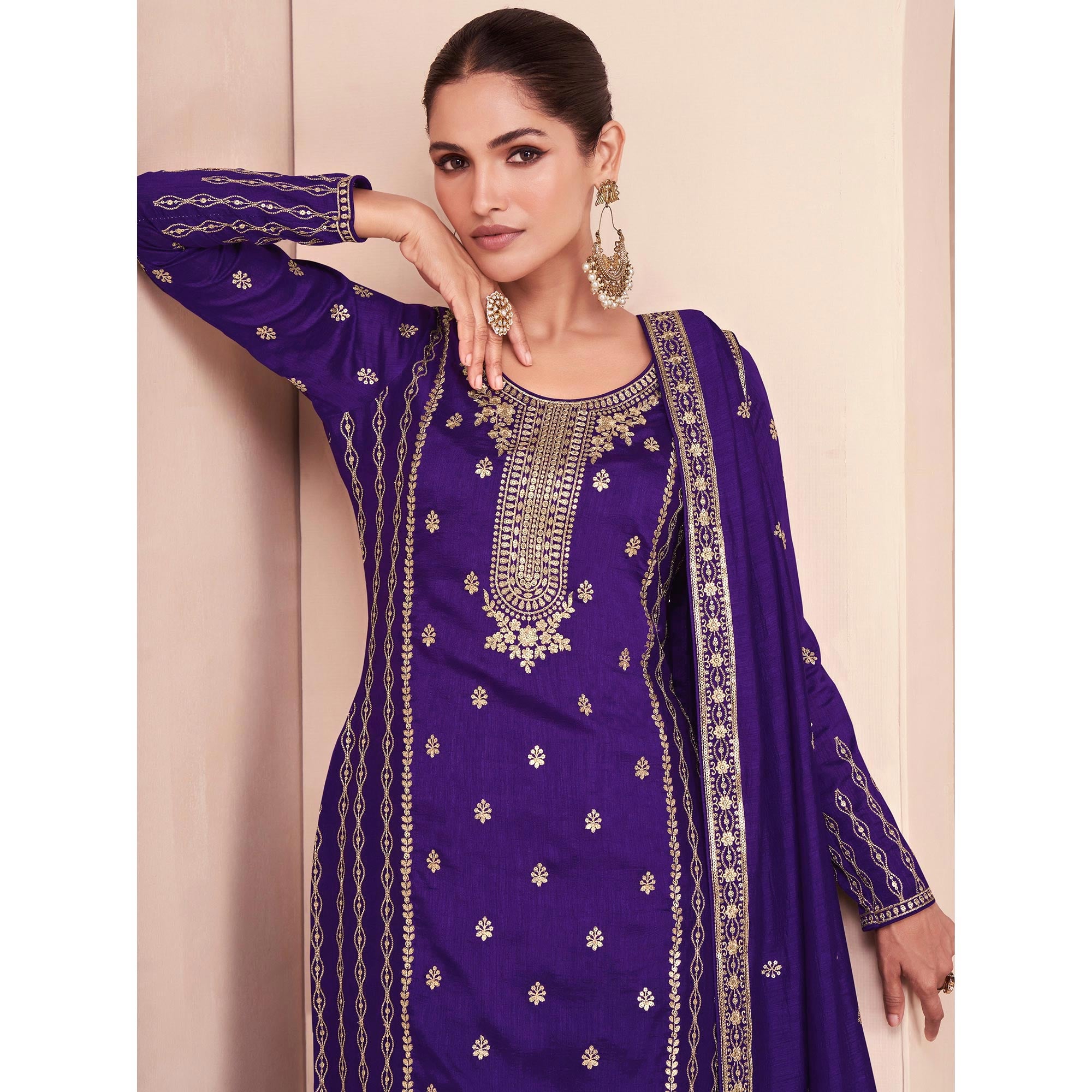 Purple Floral Embroidered Art Silk Semi Stitched Palazzo Suit