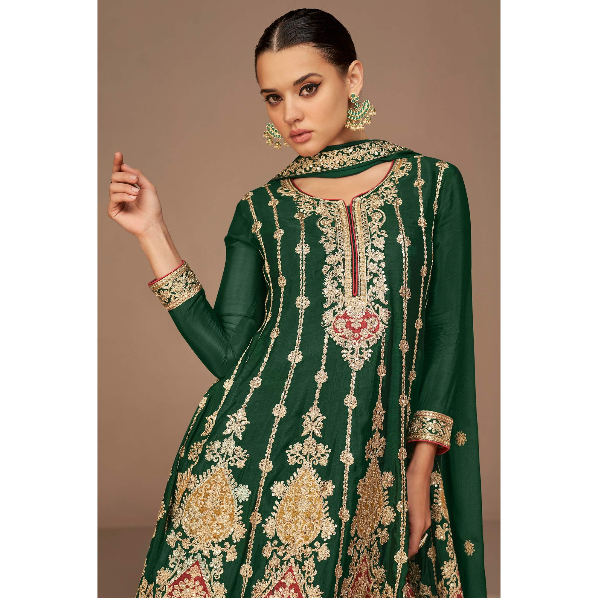 Green Floral Embroidered Georgette Semi Stitched Suit