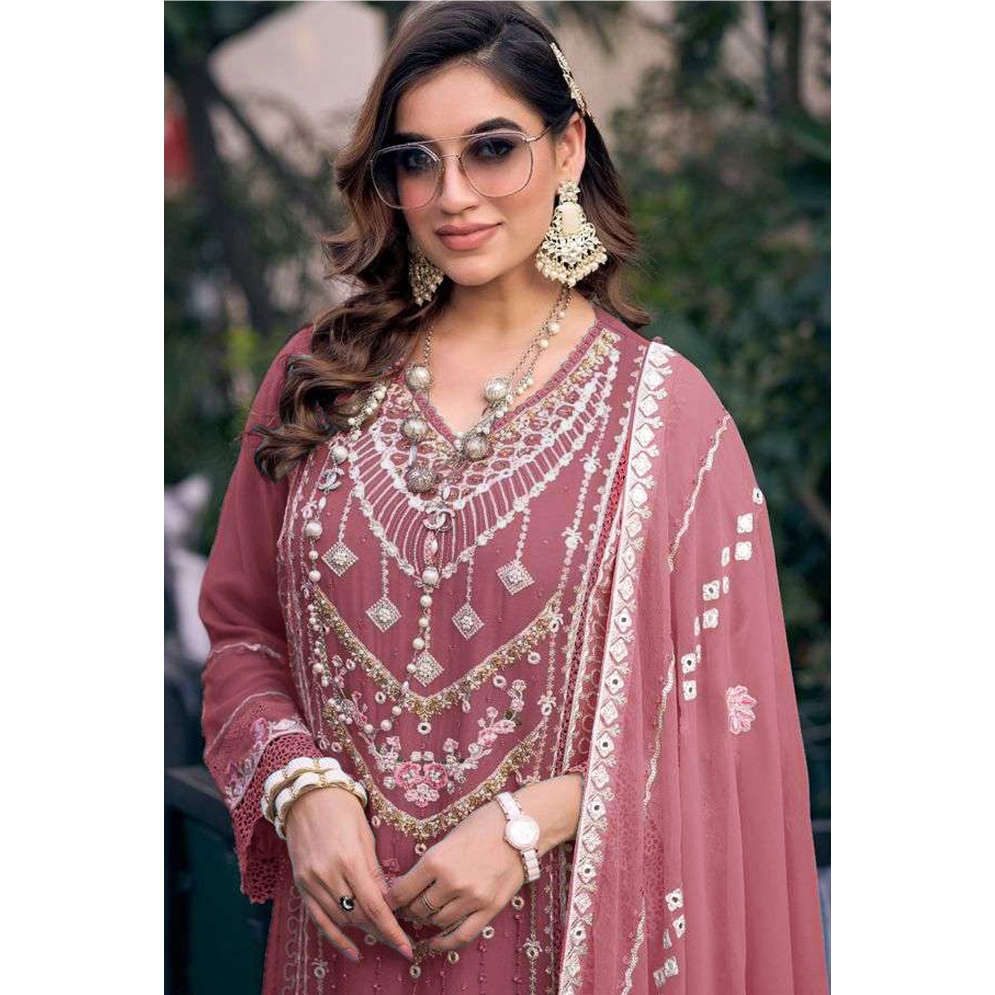 Dusty Pink Embroidered Georgette Semi-Stitched Pakistani Dress Material