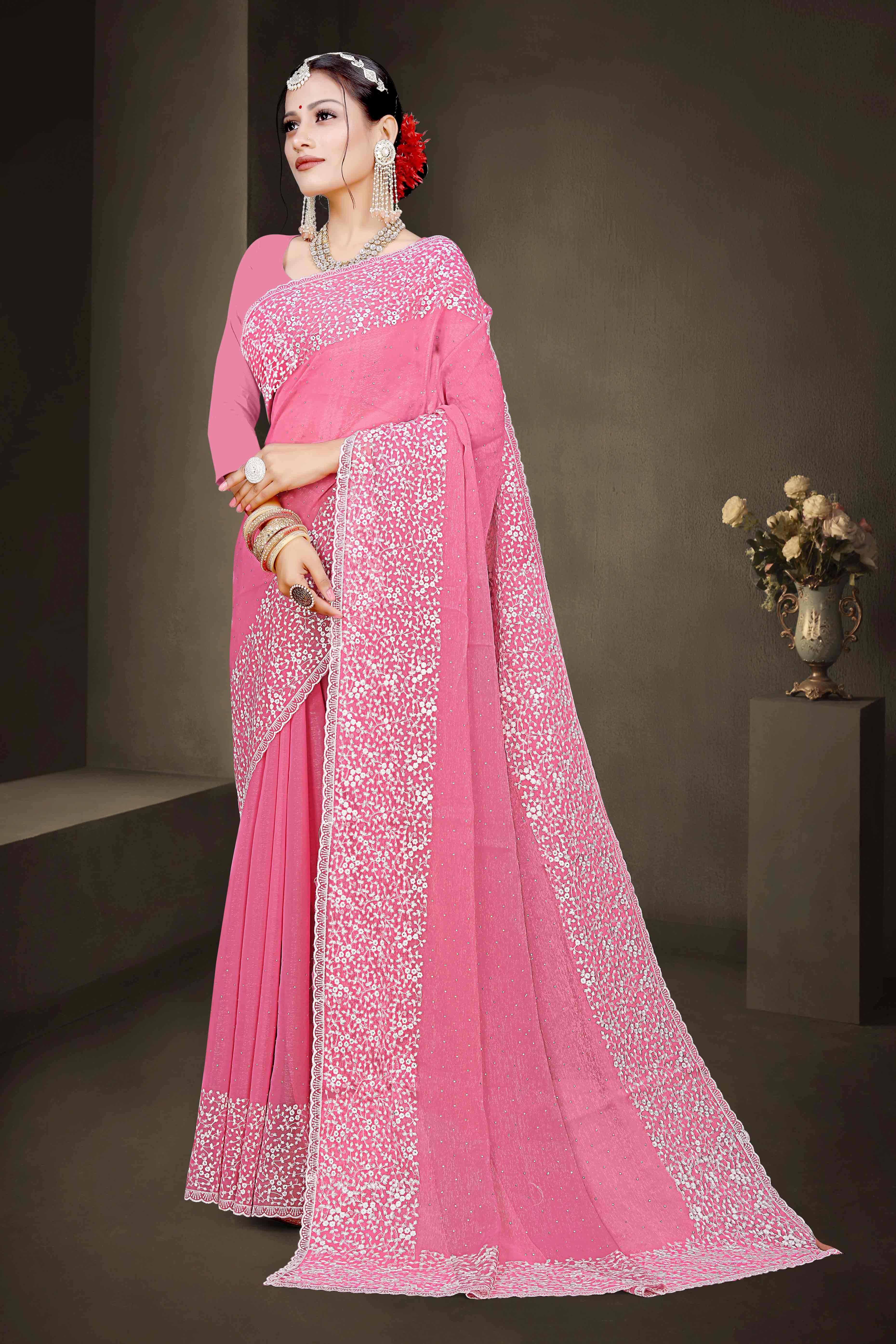 Pink Floral Embroidery With Stonework Chiffon Shimmer Saree