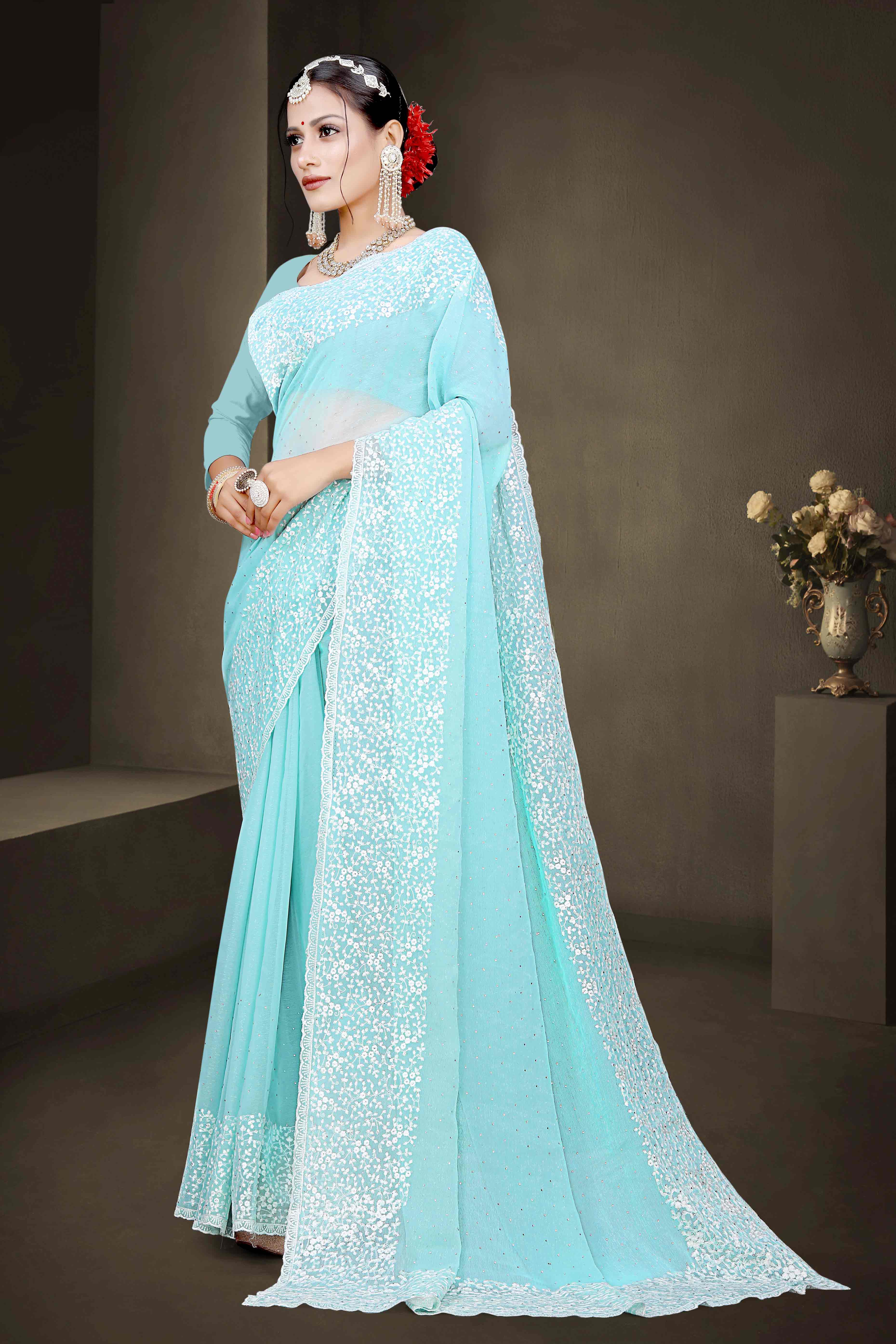 Blue Floral Embroidery With Stonework Chiffon Shimmer Saree