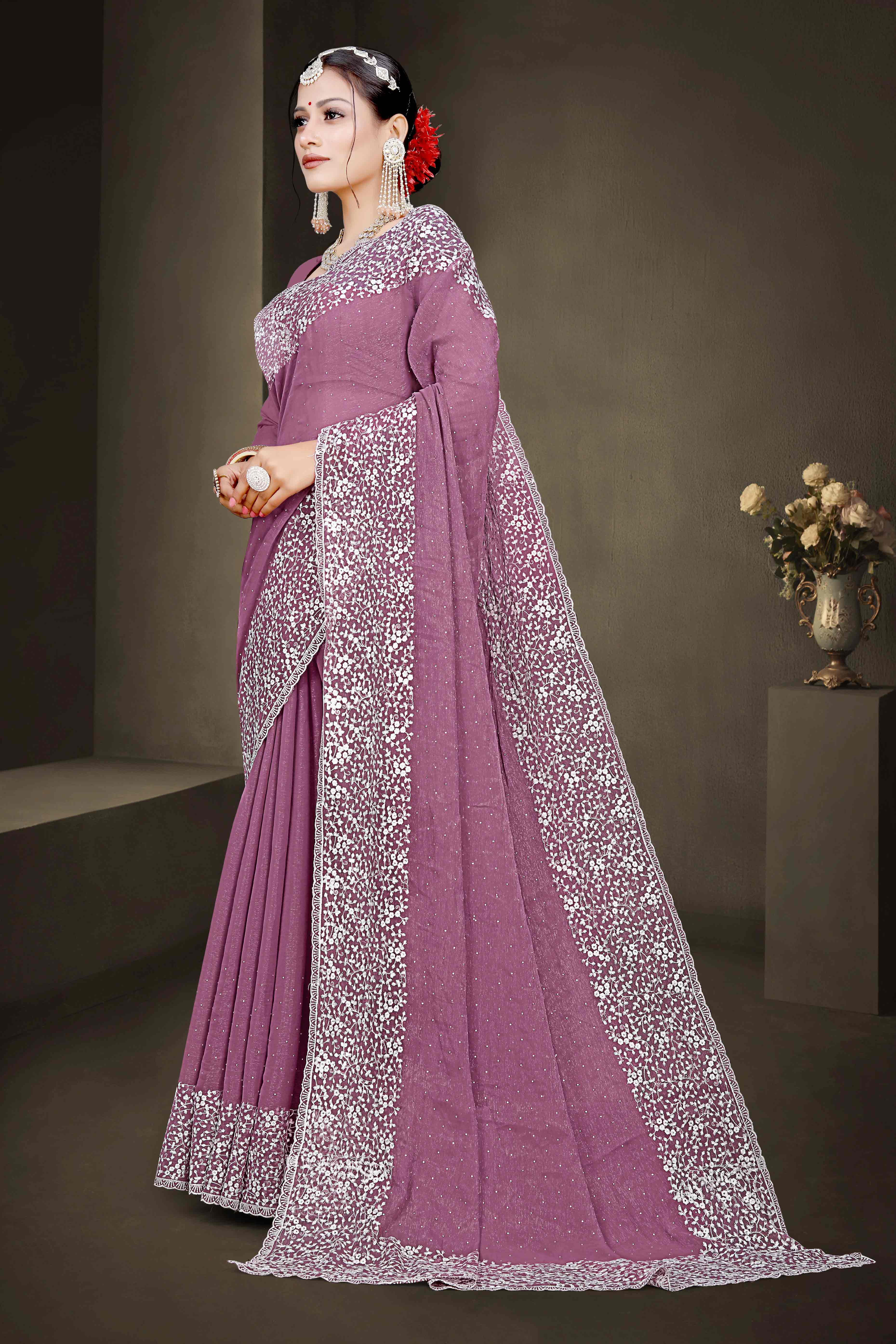 Mauve Floral Embroidery With Stonework Chiffon Shimmer Saree