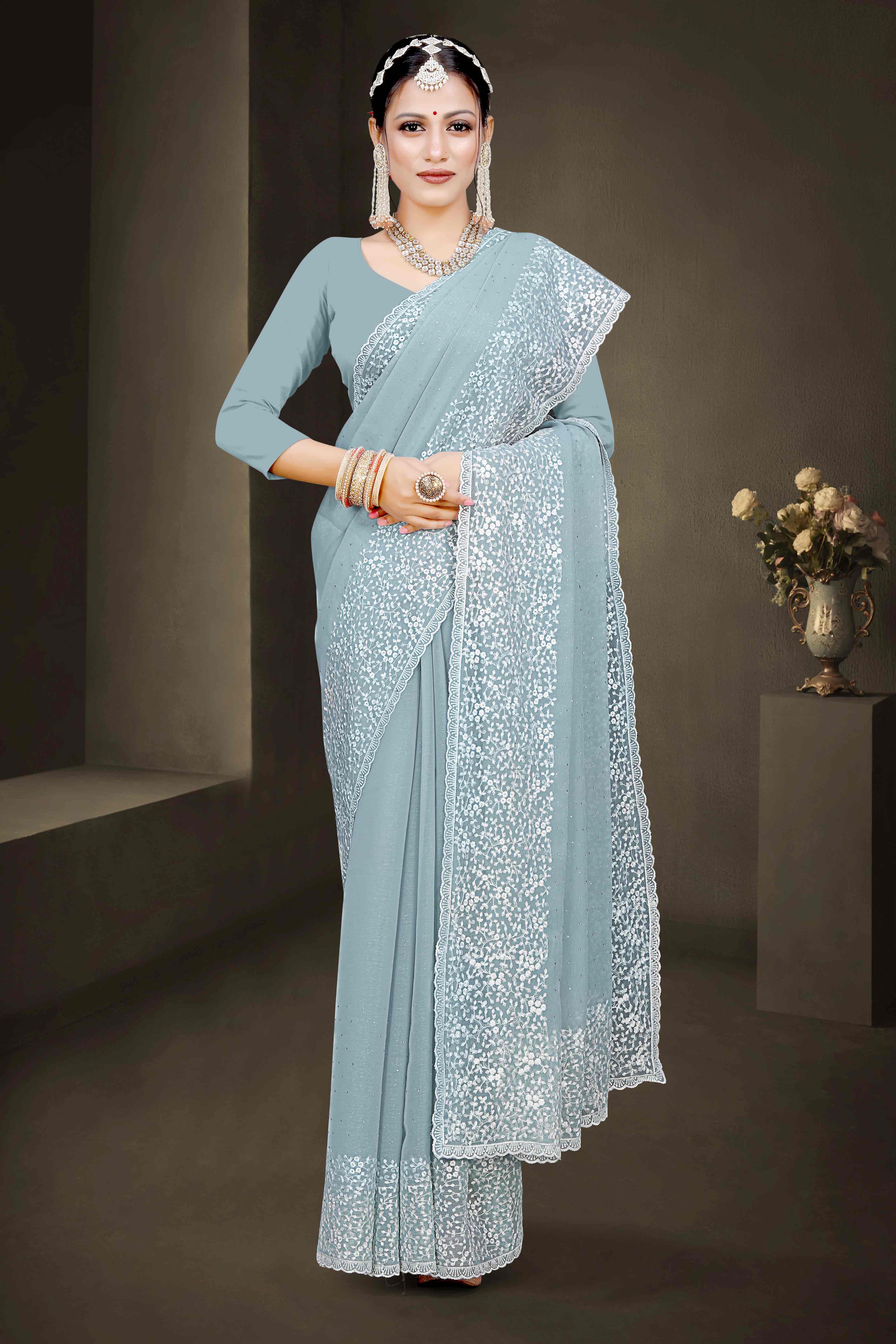 Grey Floral Embroidery With Stonework Chiffon Shimmer Saree