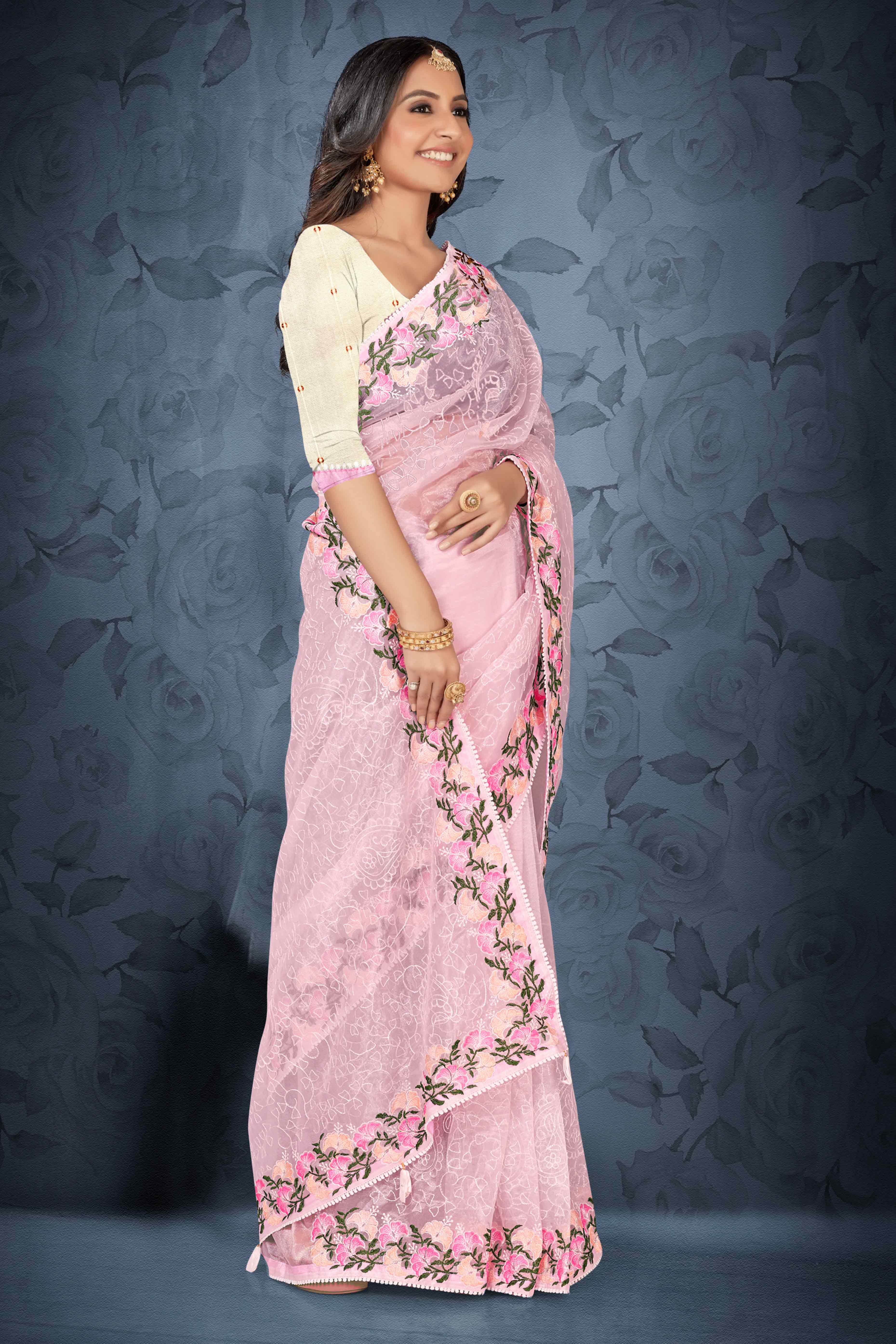 Pink Floral Embroidered Net Saree With Tassels