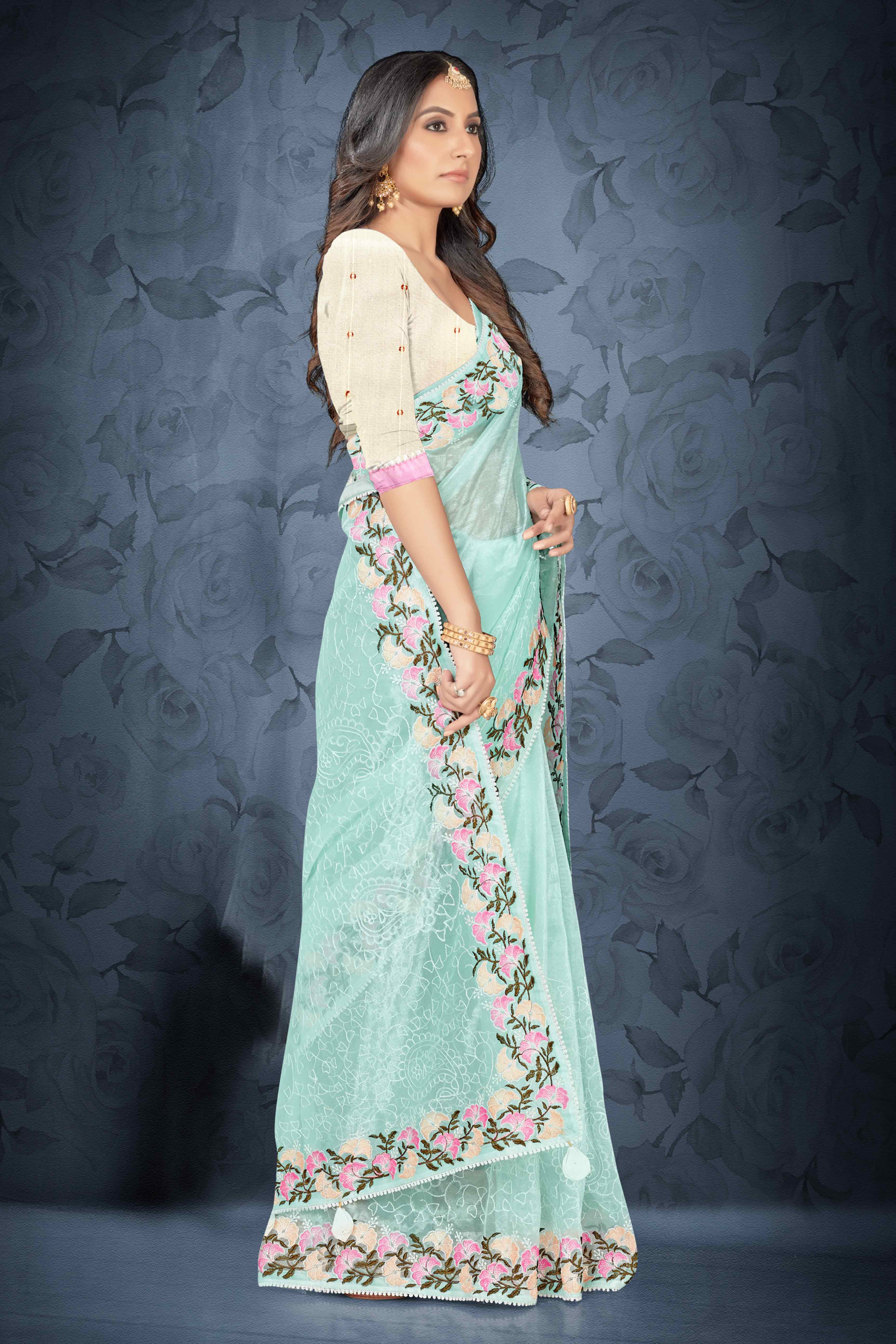 Blue Floral Embroidered Net Saree With Tassels