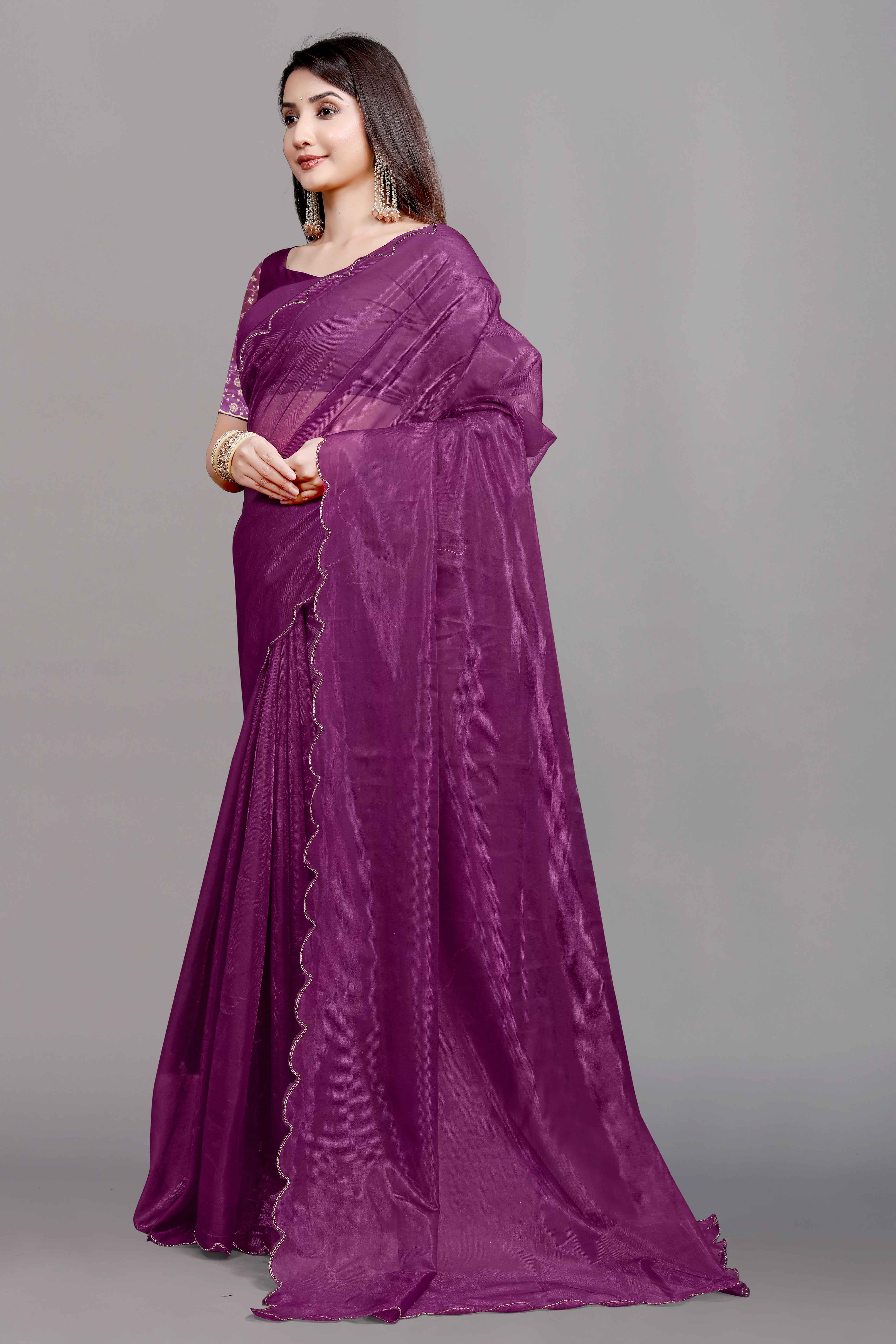 Wine Solid Net Saree With Zari Border