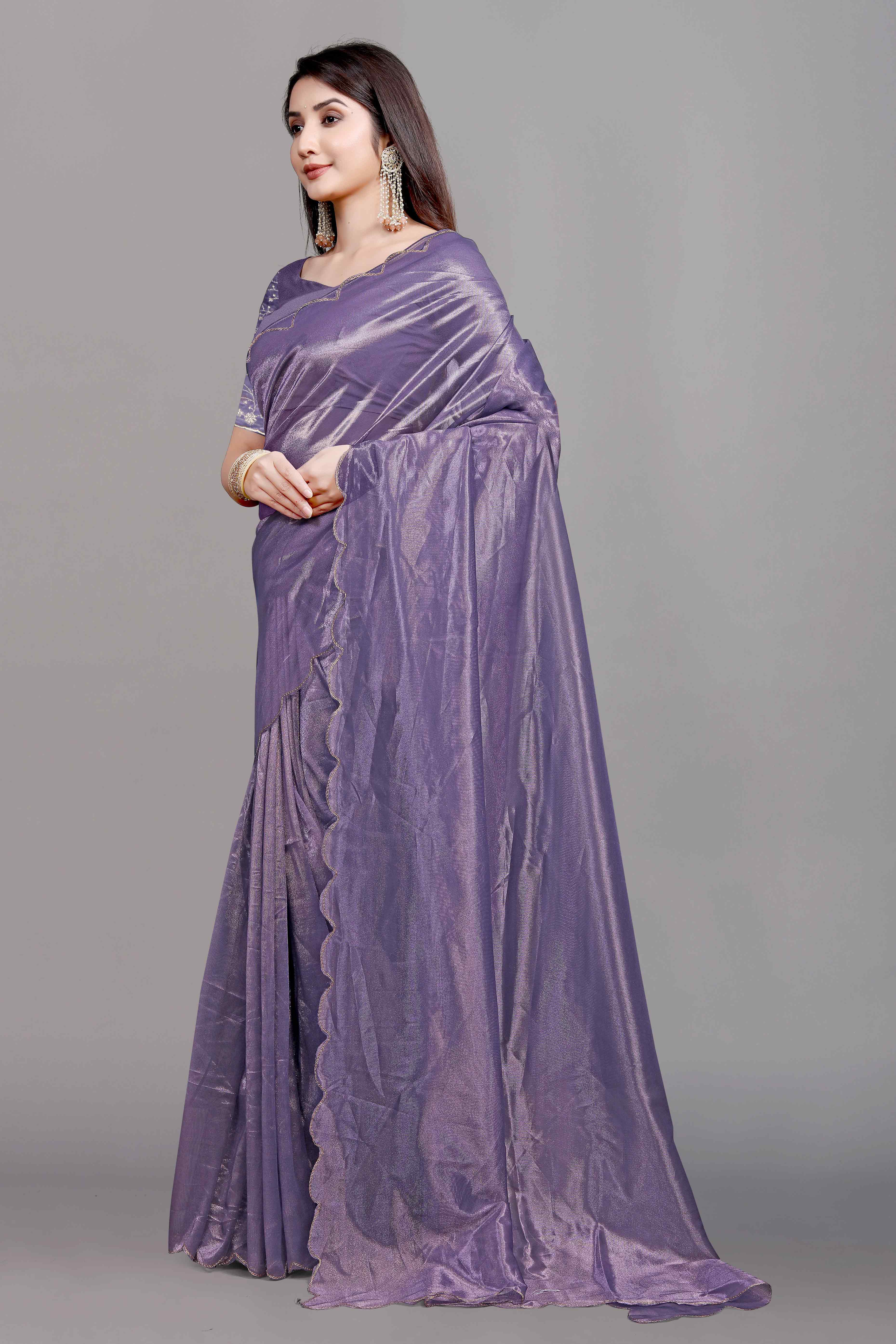 Lavender Solid Net Saree With Zari Border