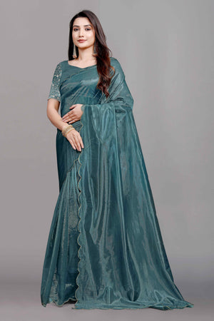 Teal Solid Net Saree With Zari Border
