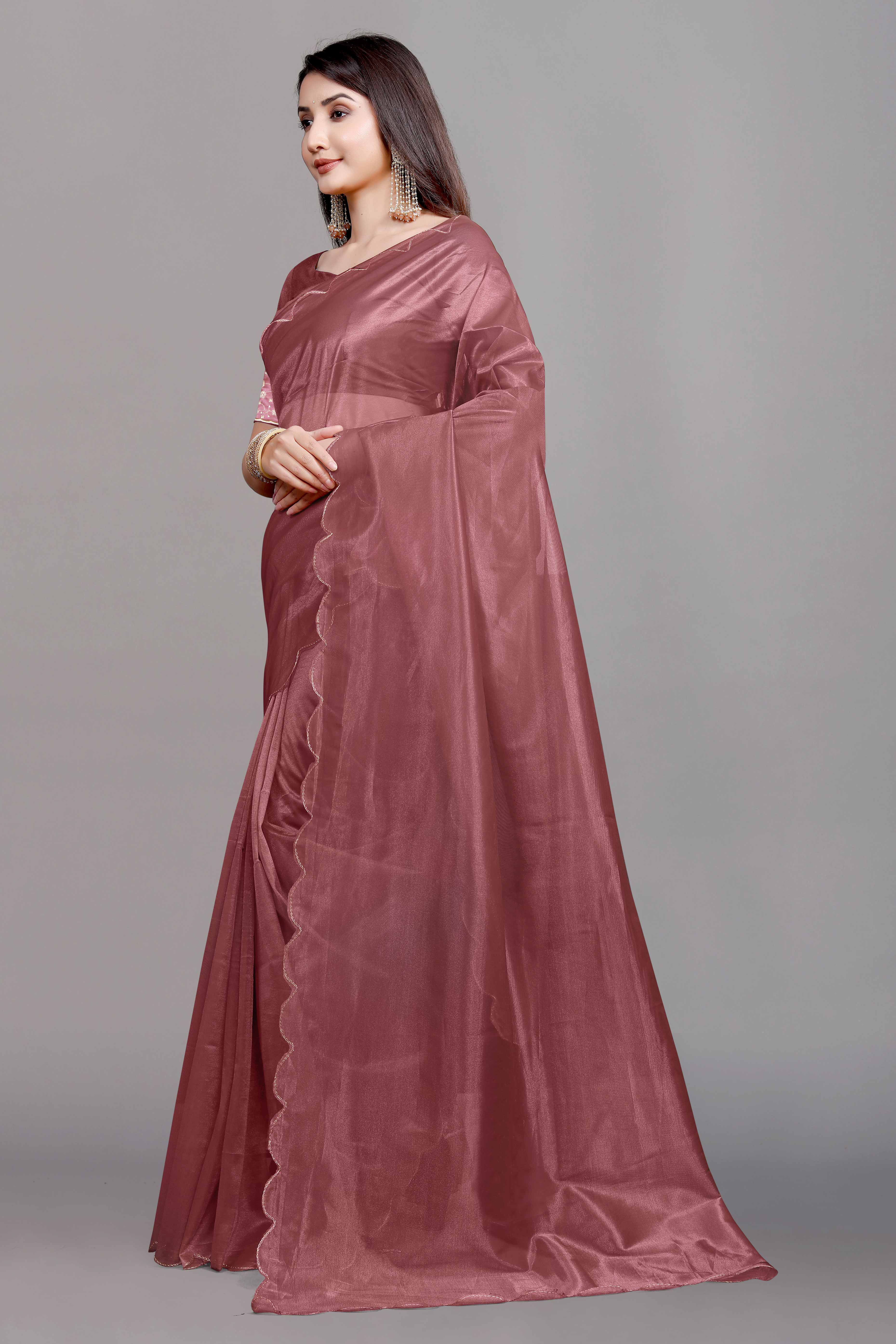 Rust Solid Net Saree With Zari Border