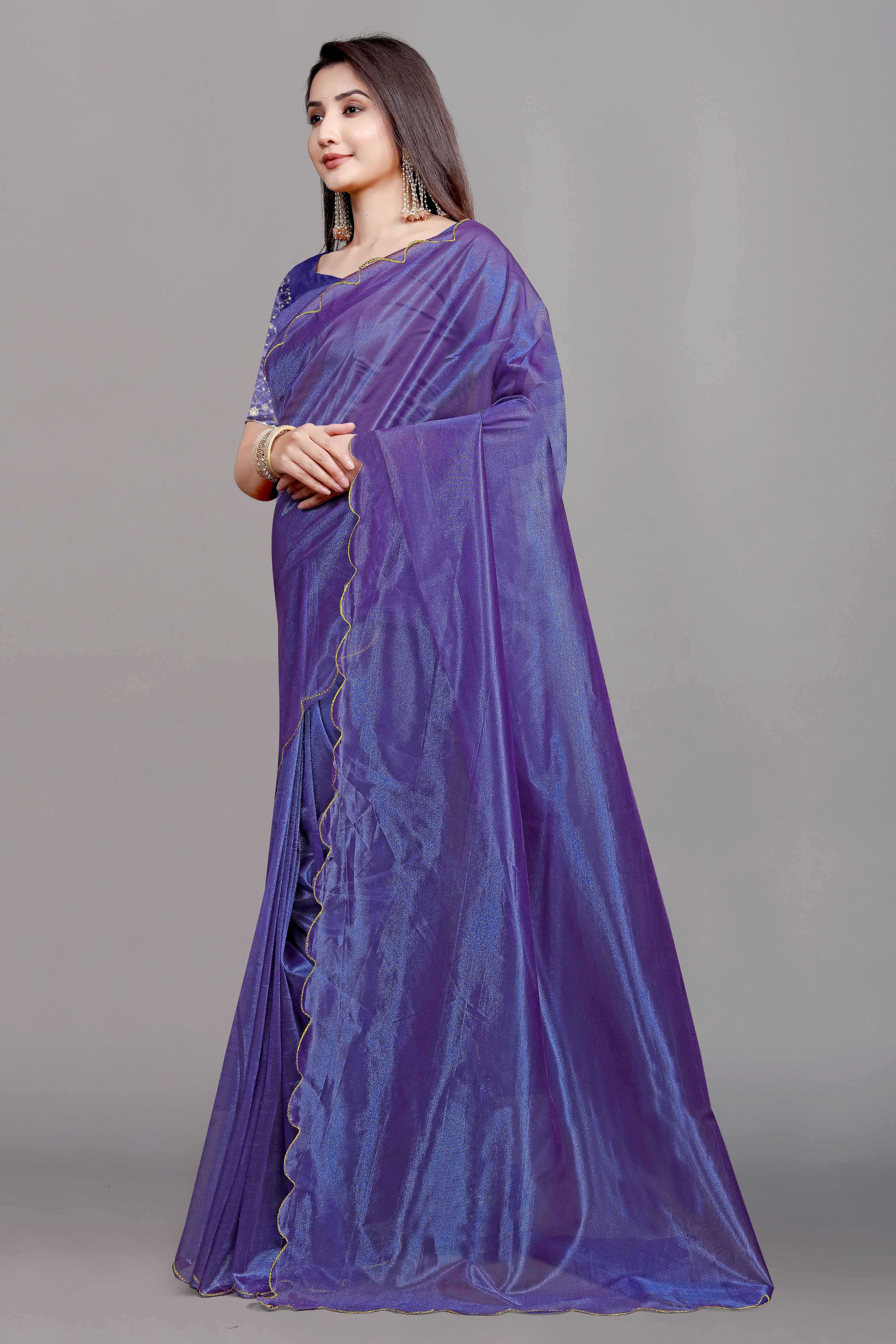 Purple Solid Net Saree With Zari Border