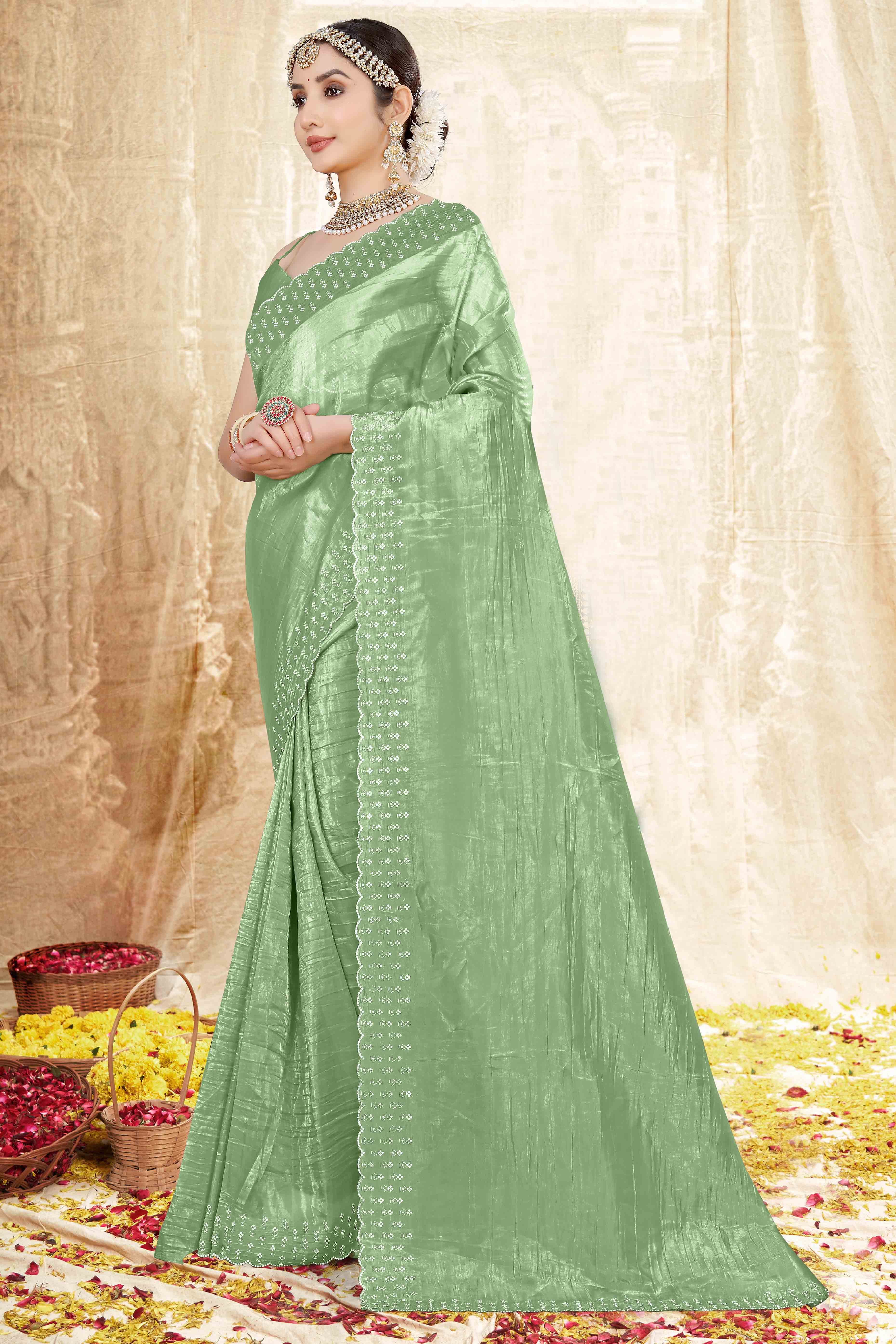 Green Zarkan Diamond Work Tissue Gold Crush Saree