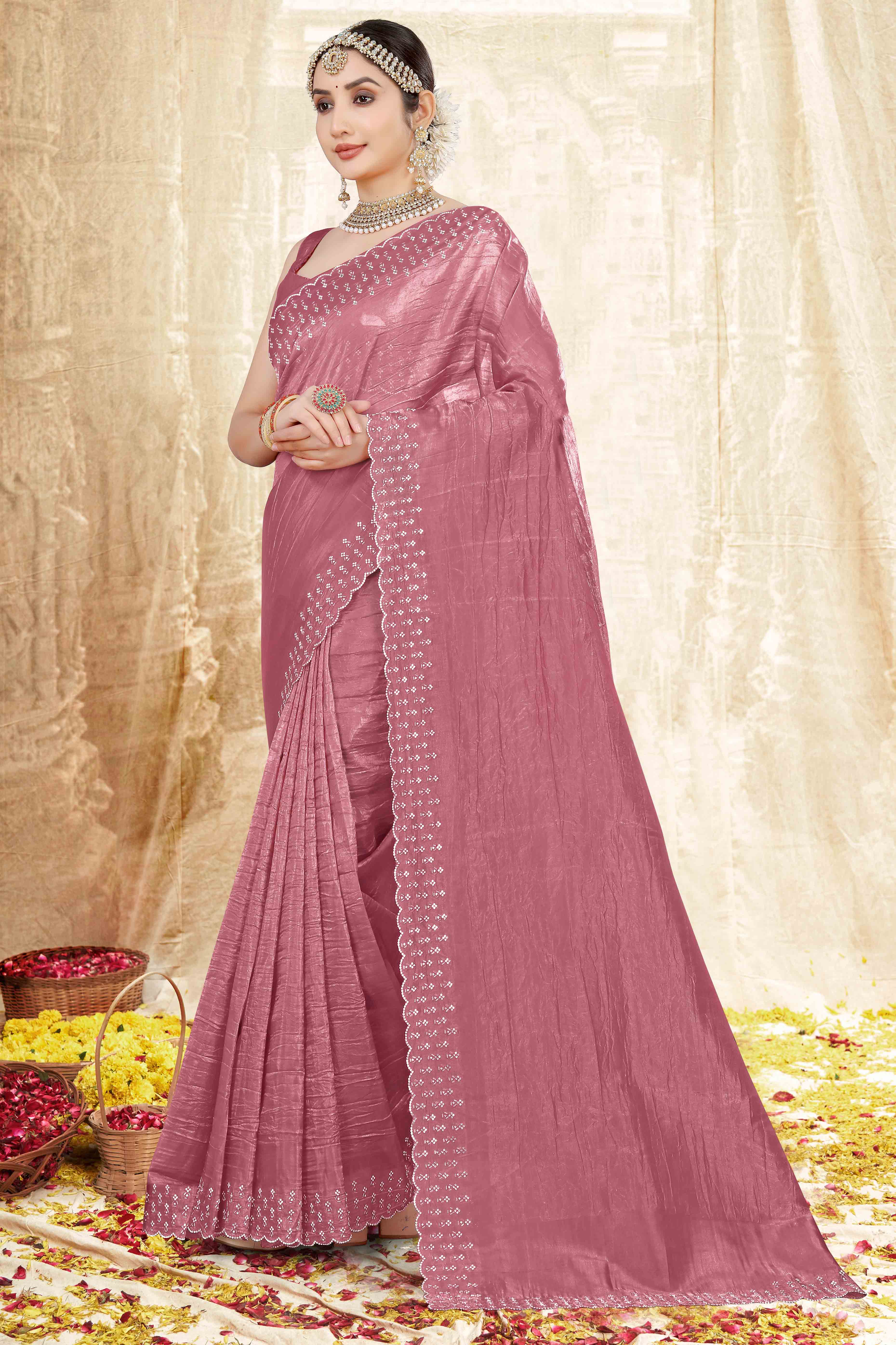 Dusty Pink Zarkan Diamond Work Tissue Gold Crush Saree