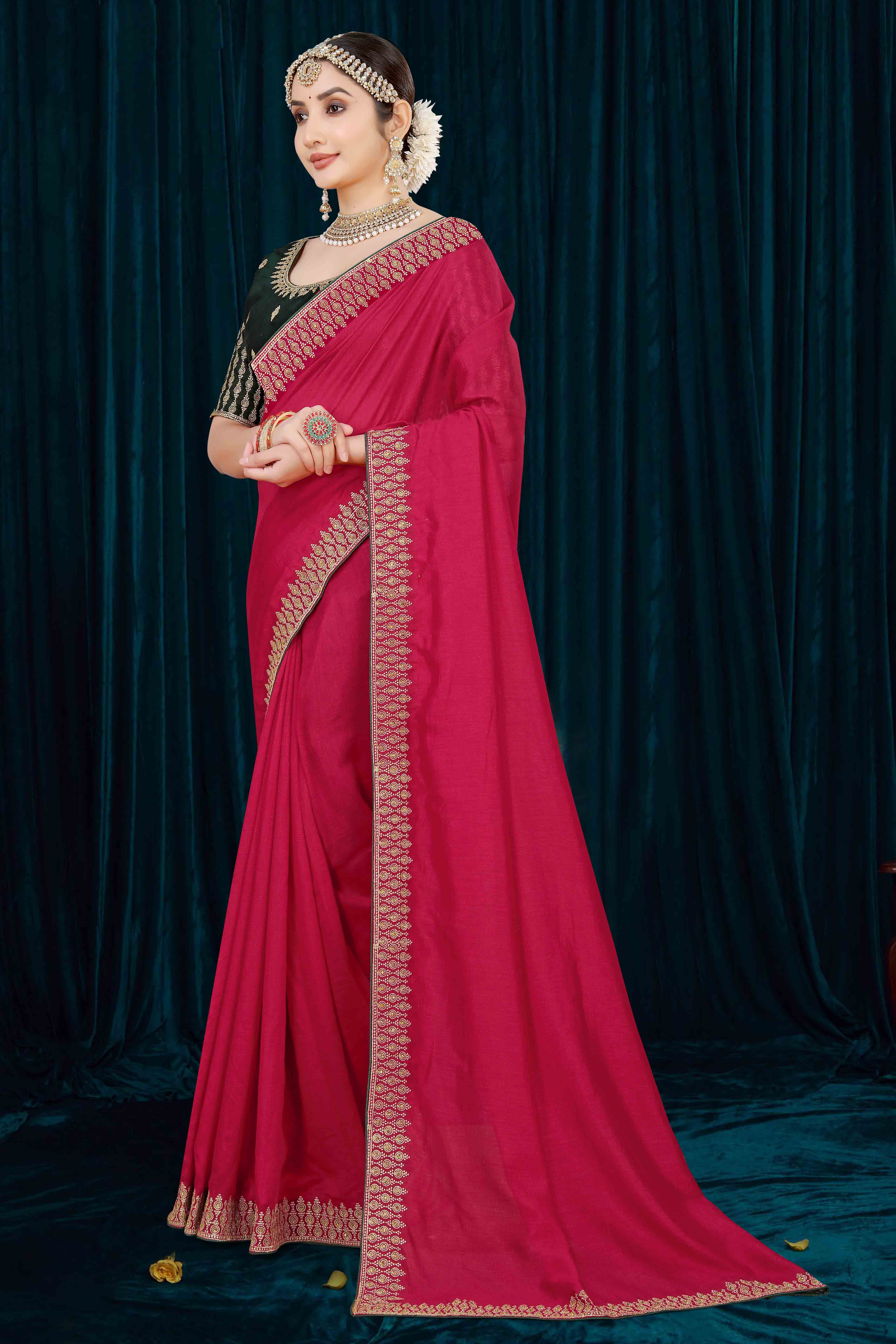 Pink Solid With Zari Embroidered Vichitra Silk Saree