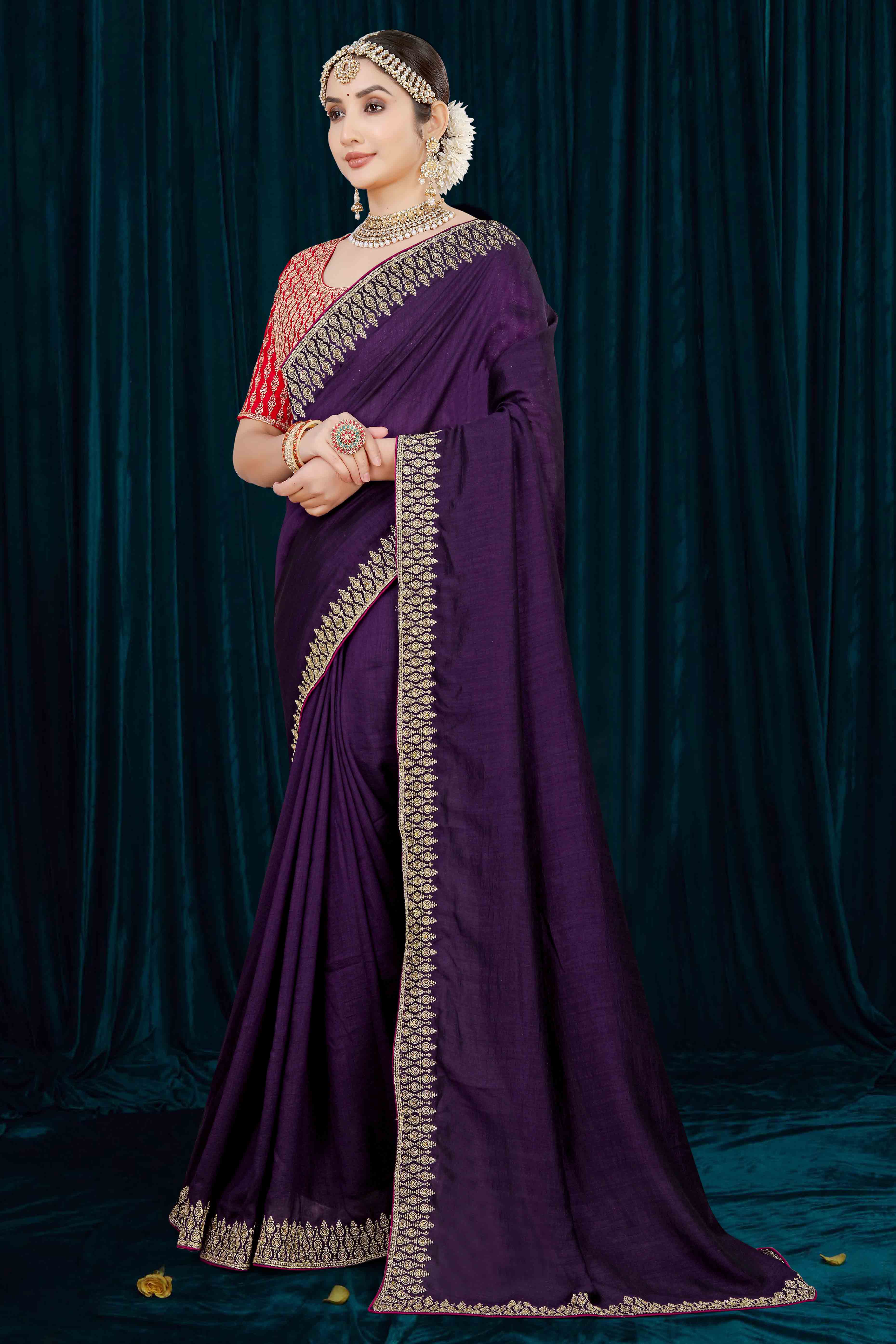 Purple Solid With Zari Embroidered Vichitra Silk Saree
