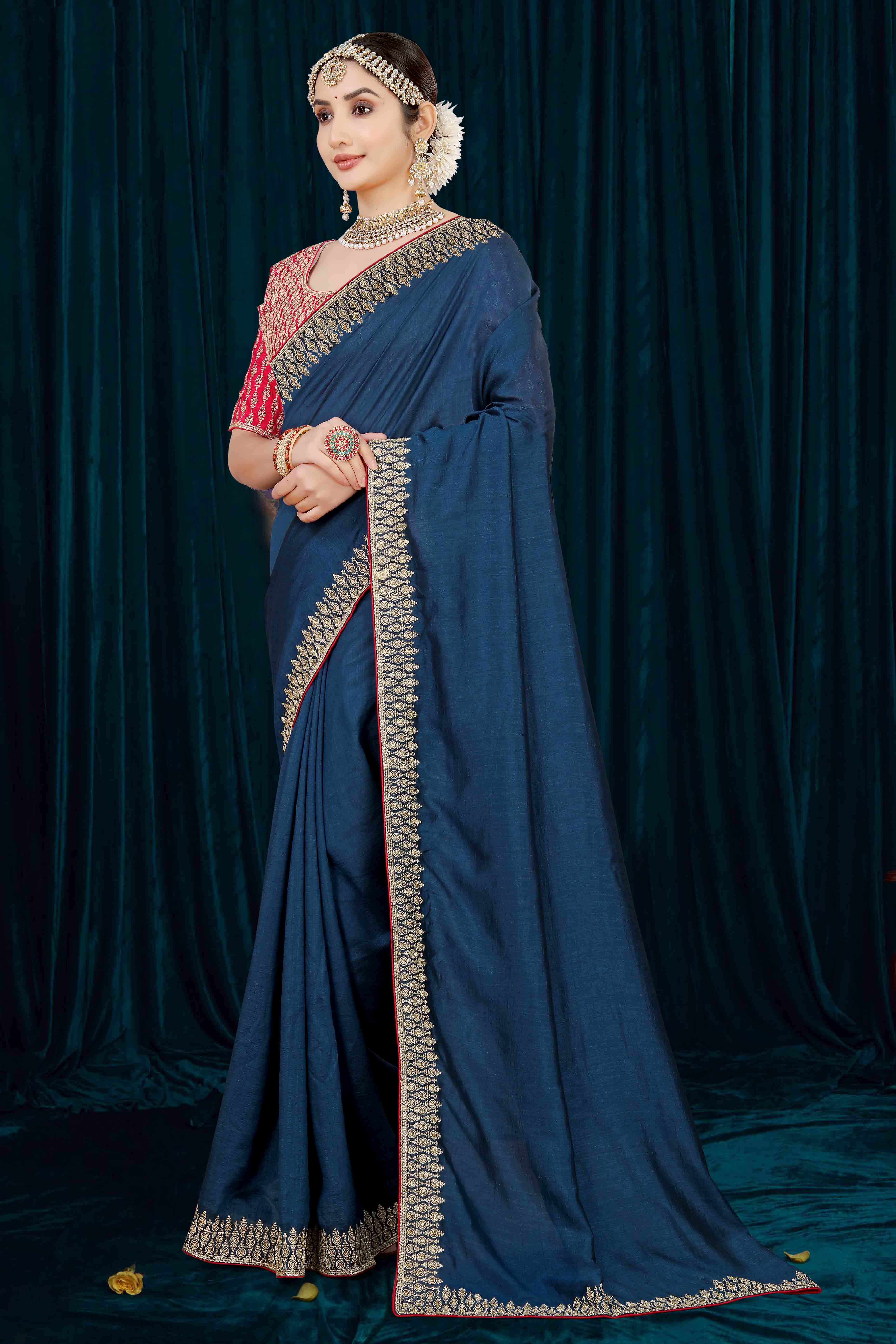 Blue Solid With Zari Embroidered Vichitra Silk Saree