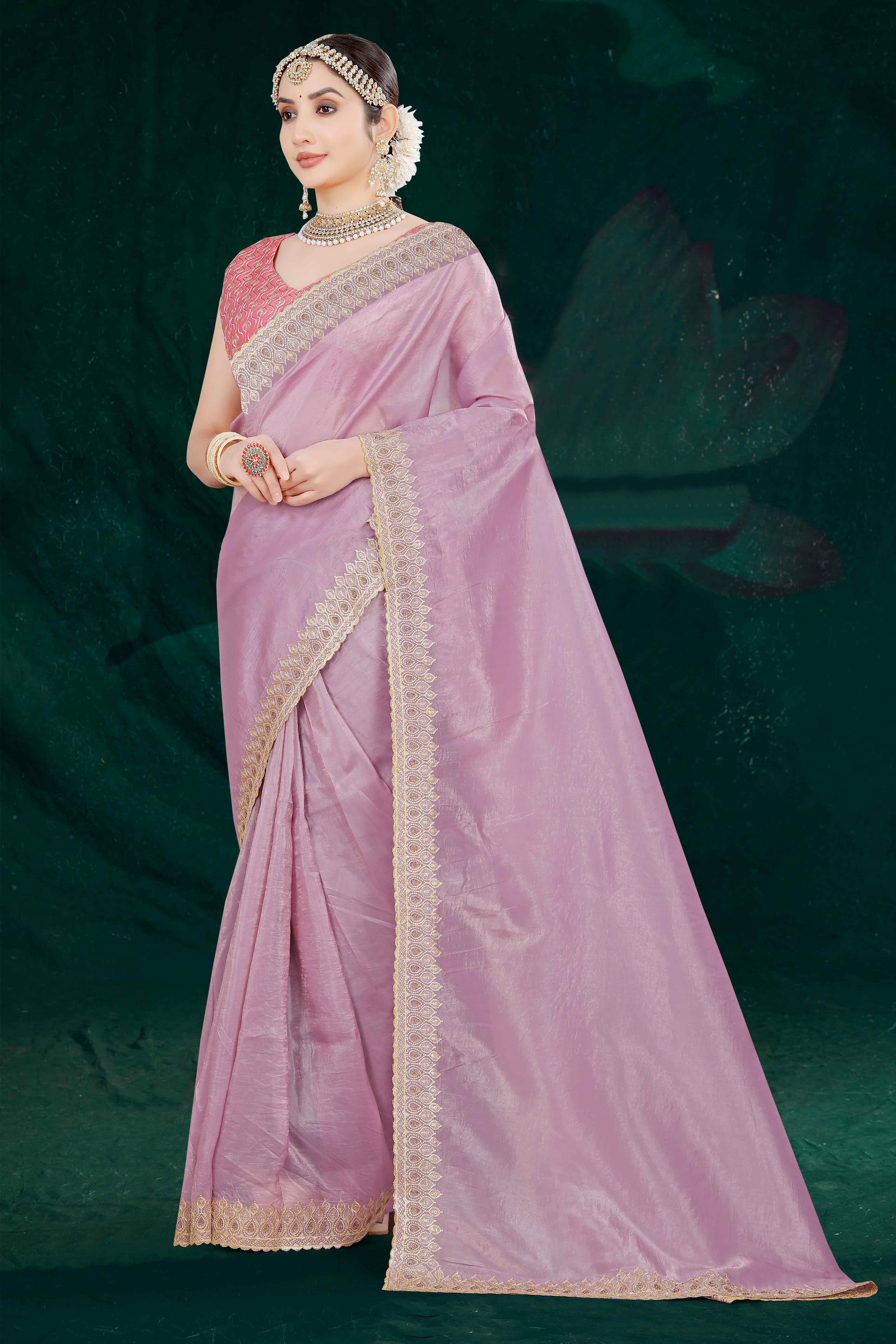 Onion Pink Solid With Swarovski Work Tissue Gold Crush Saree
