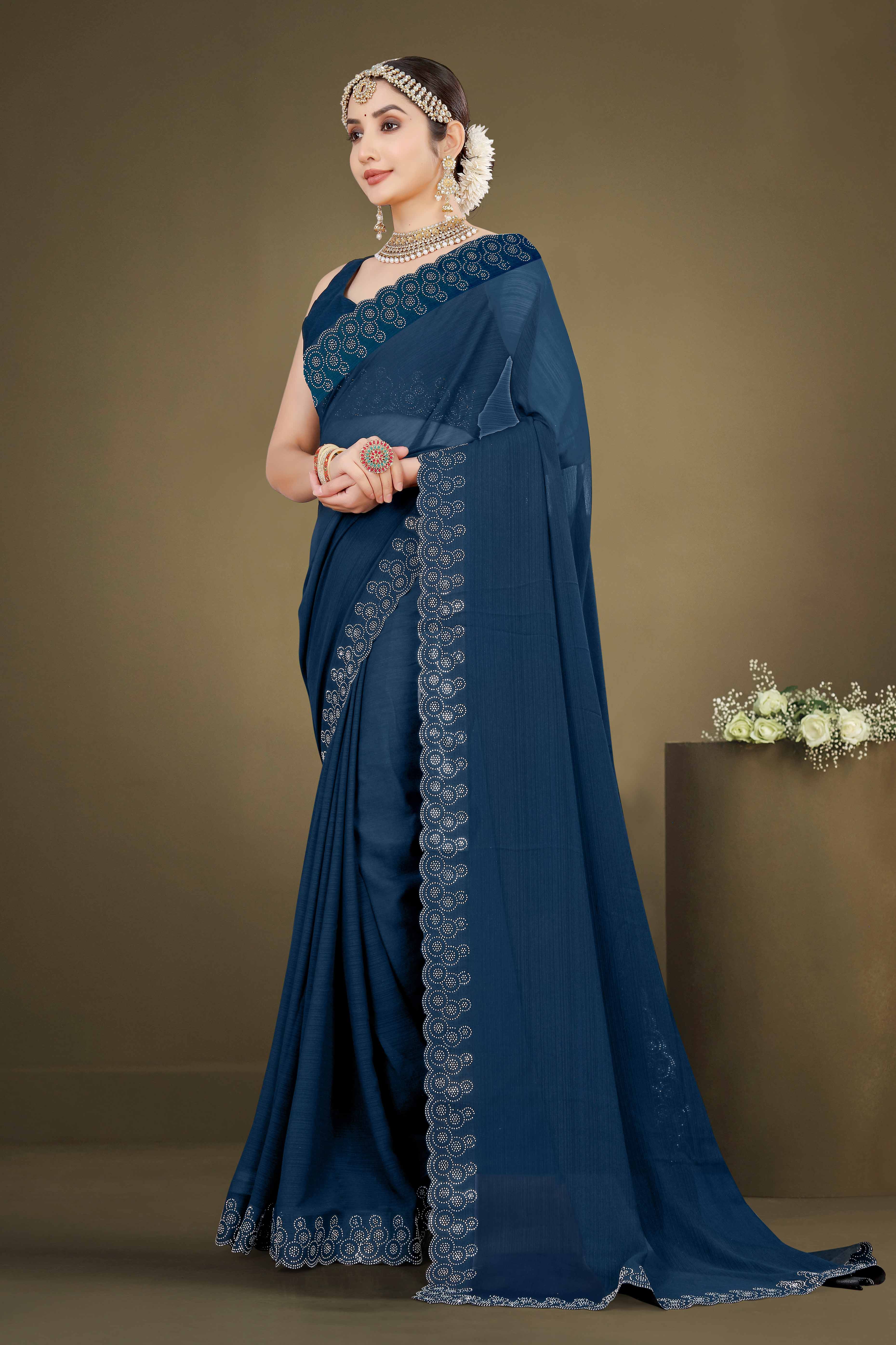 Blue Solid With Swarovski Work Chiffon Saree