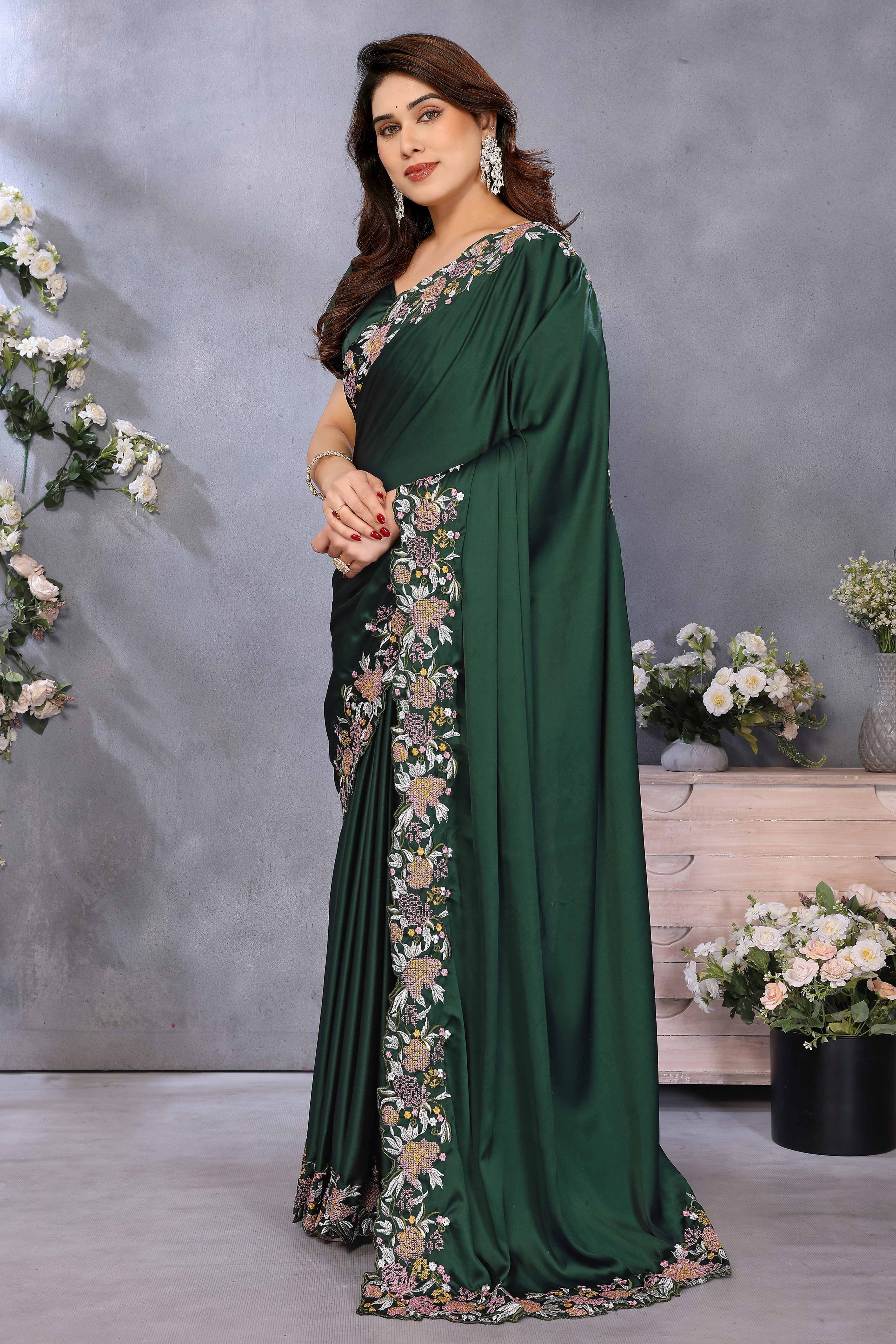 Bottle Green Satin Saree with Delicate Floral Embroidery and Intricate Resham Work