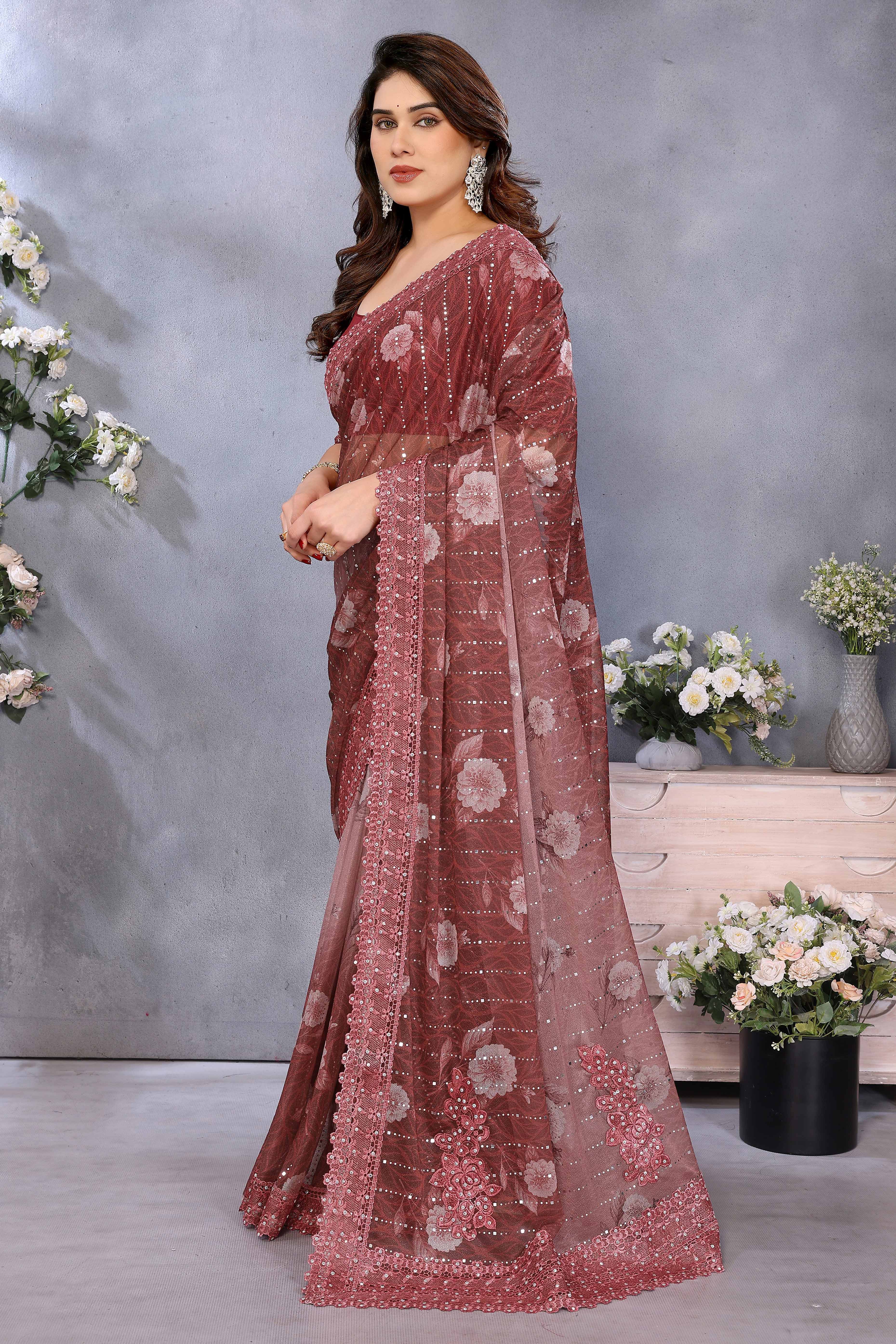 Rich Brown Lycra Saree Adorned with Floral Print and Decorative Patch Work for a Chic Party Look