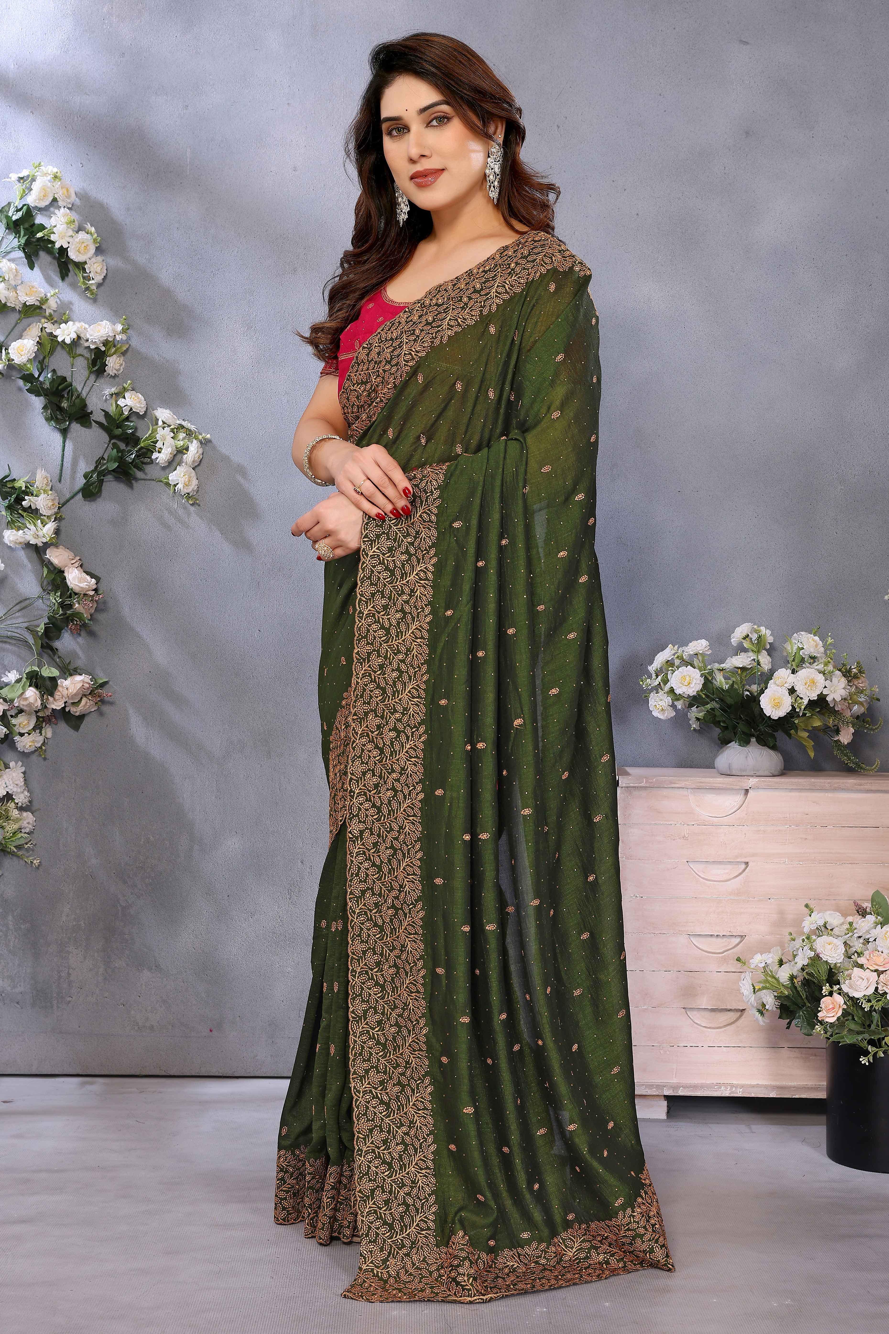 Mehendi Green Vichitra Silk Saree with Zari Embroidery and Stone Work